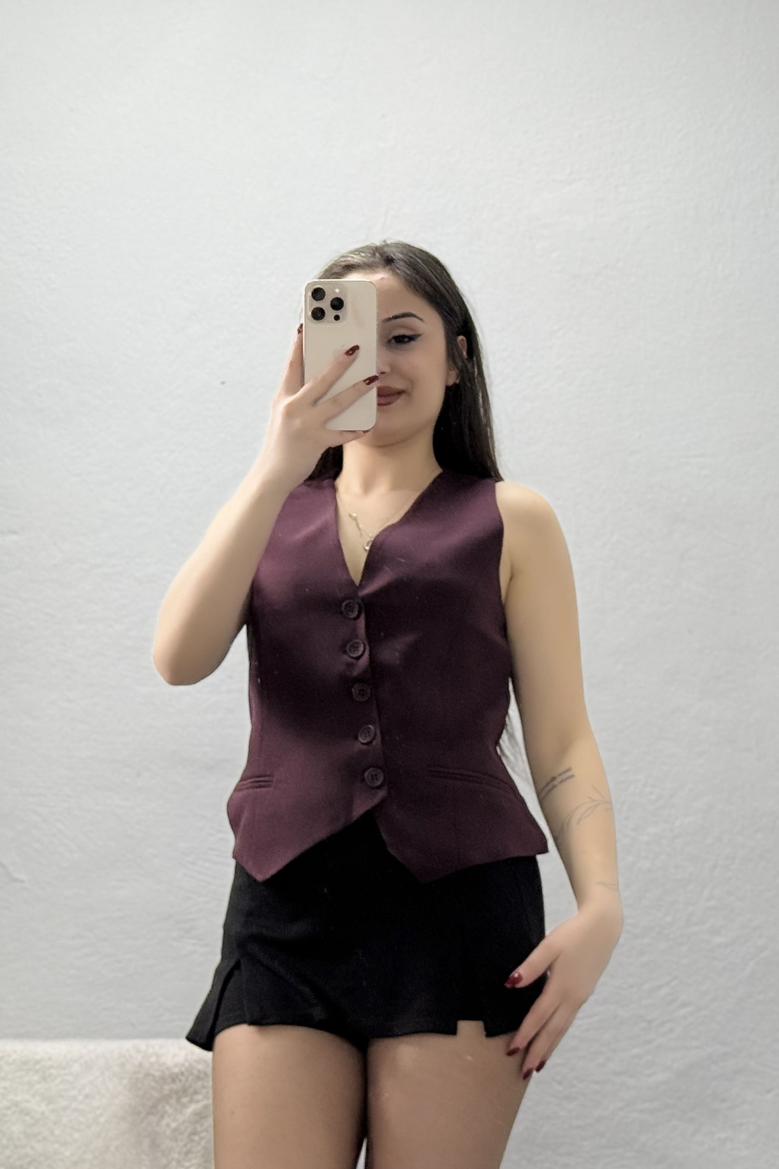 Asimetrik Kesim Astarlı Dabıl Yelek Mürdüm - 32459.1991.