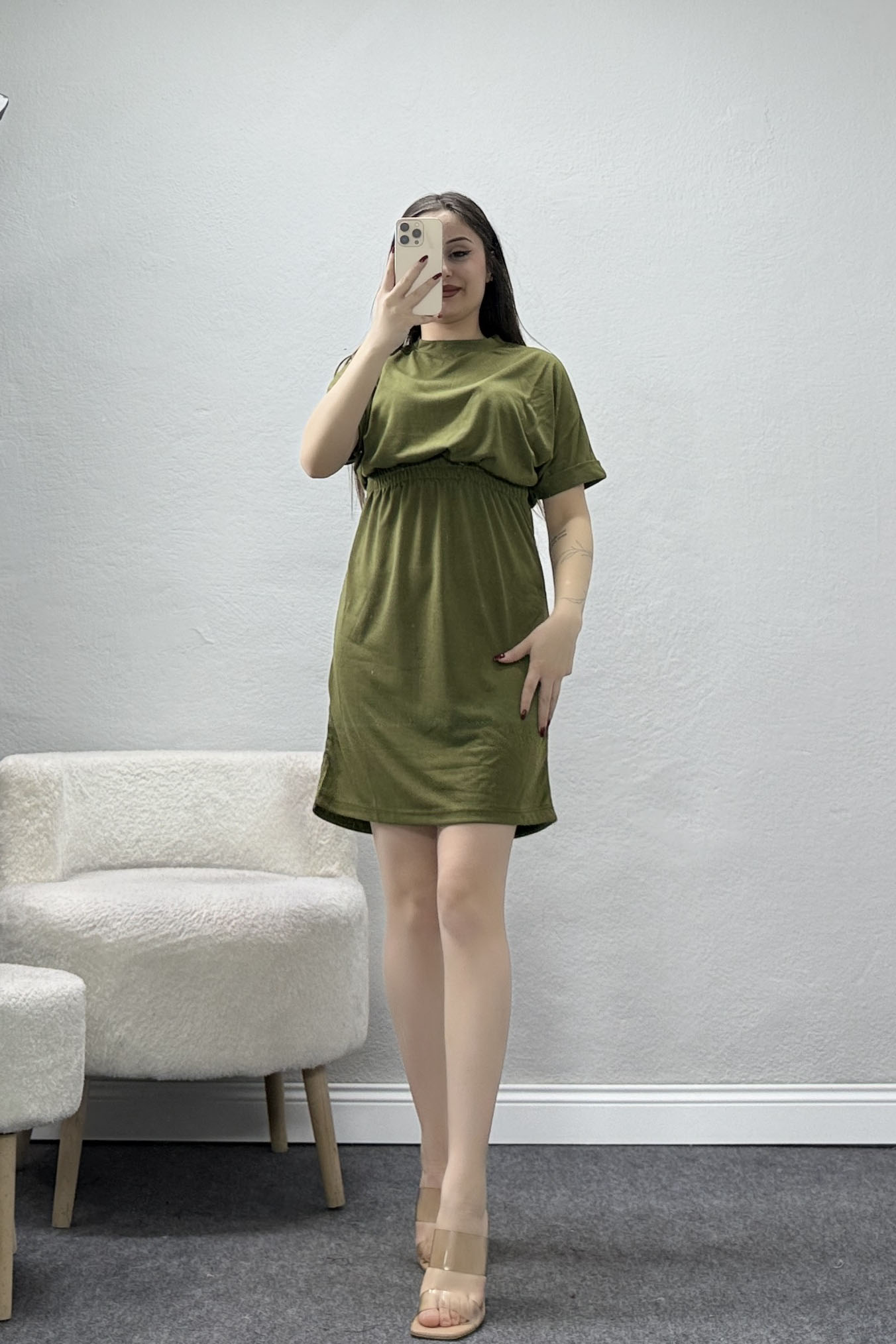 Bel Lastikli Bisiklet Yaka Penye Elbise Haki - 71122.1567.