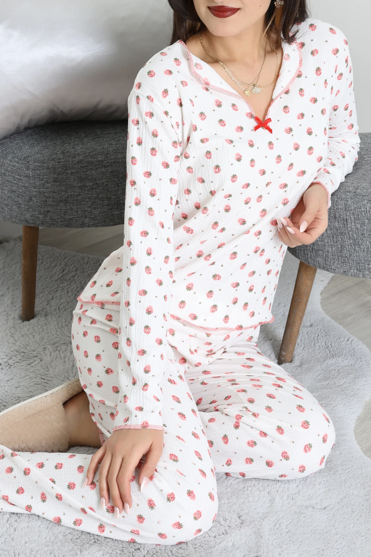 Baskılı Bürümcük Uzun Kol Takım Beyazçilek - 124.1287.