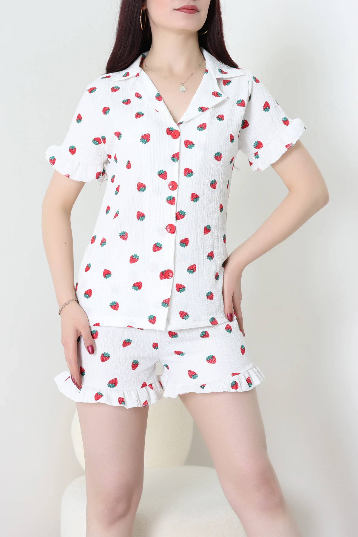 Bürümcük Fırfırlı Şortlu Pijama Takımı Beyazçilek - 149.1287.