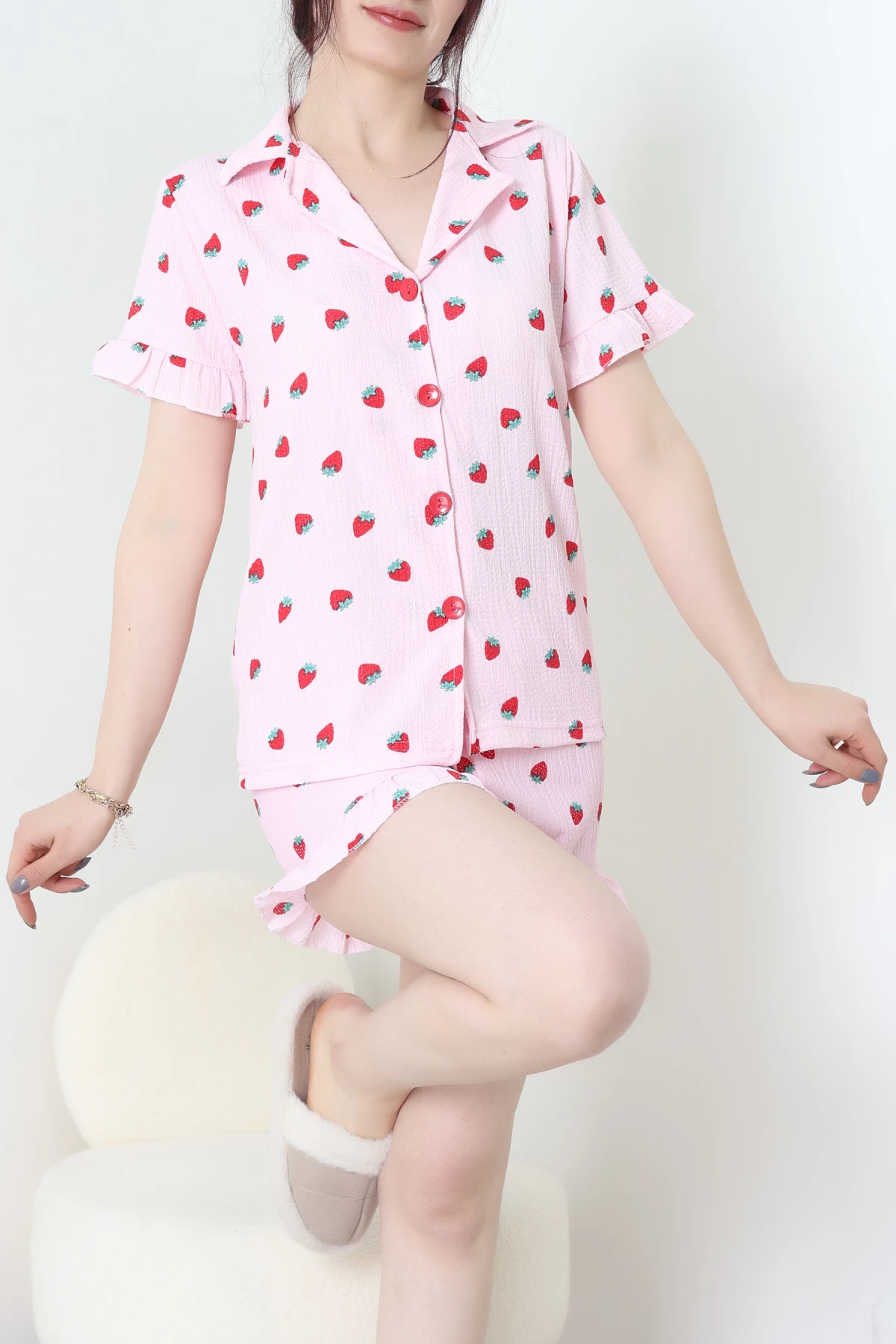 Bürümcük Fırfırlı Şortlu Pijama Takımı Pembeçilek - 149.1287.