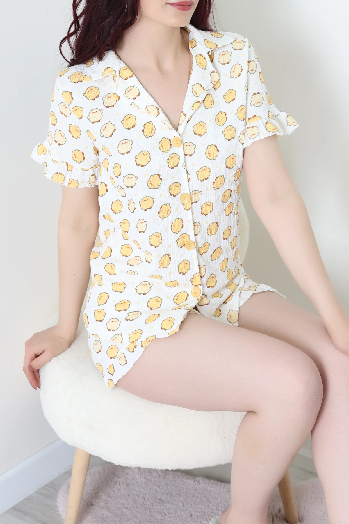 Bürümcük Fırfırlı Şortlu Pijama Takımı Ekru - 149.1287.