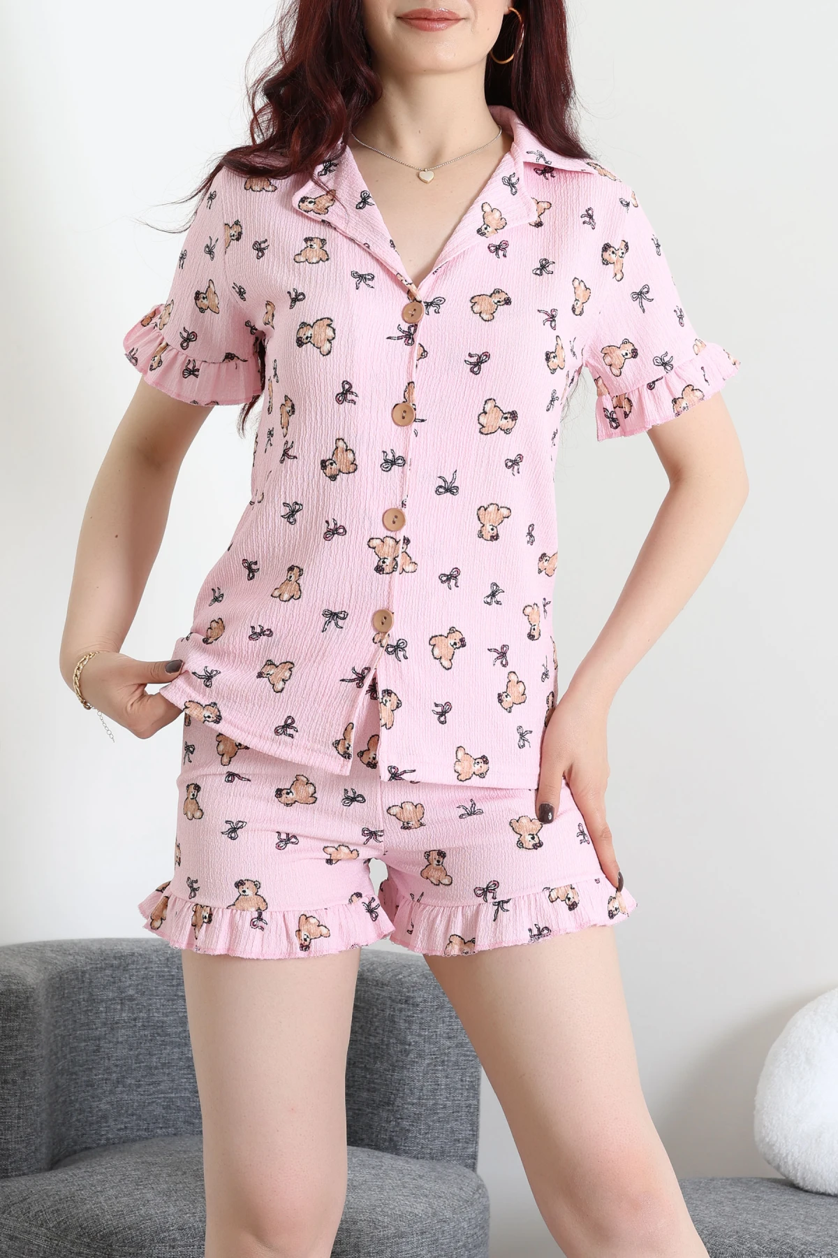 Bürümcük Fırfırlı Şortlu Pijama Takımı Pembeayı - 149.1287.