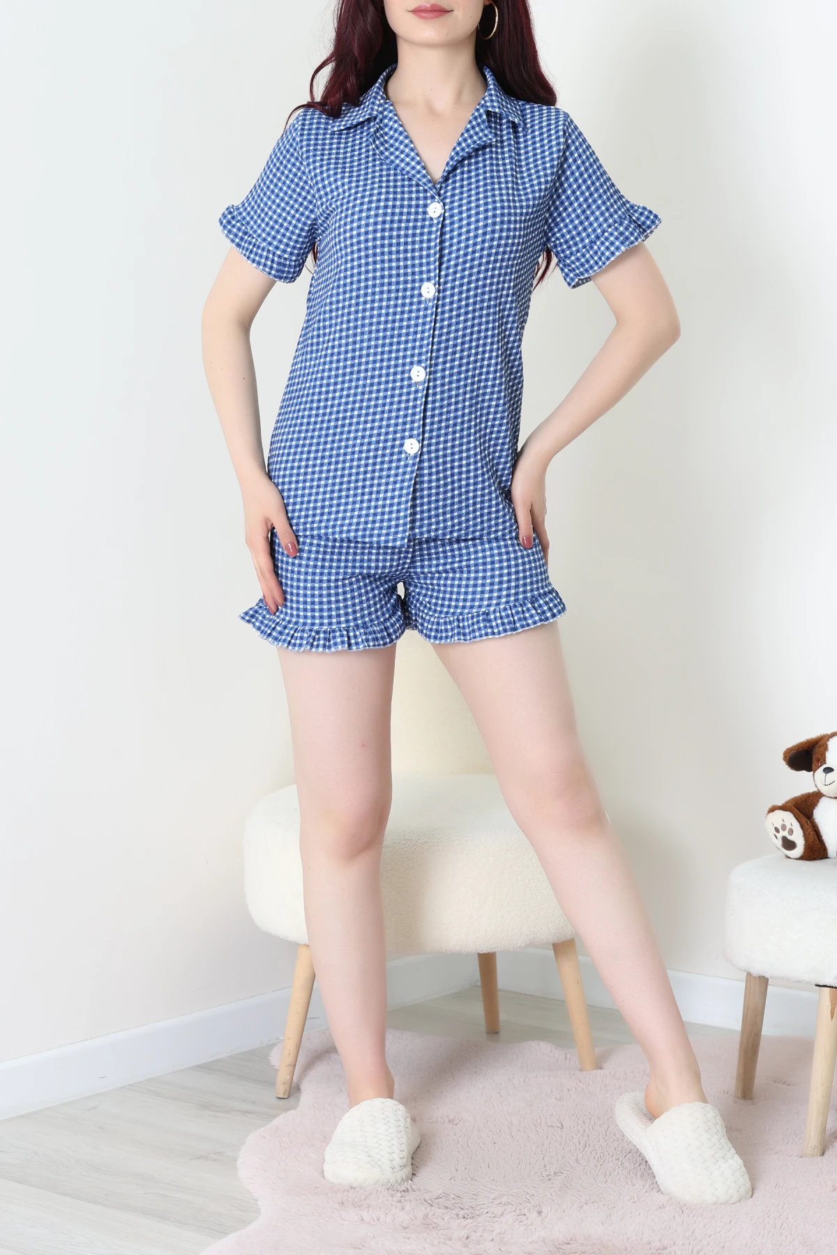 Bürümcük Fırfırlı Şortlu Pijama Takımı Saksmavisi - 149.1287.