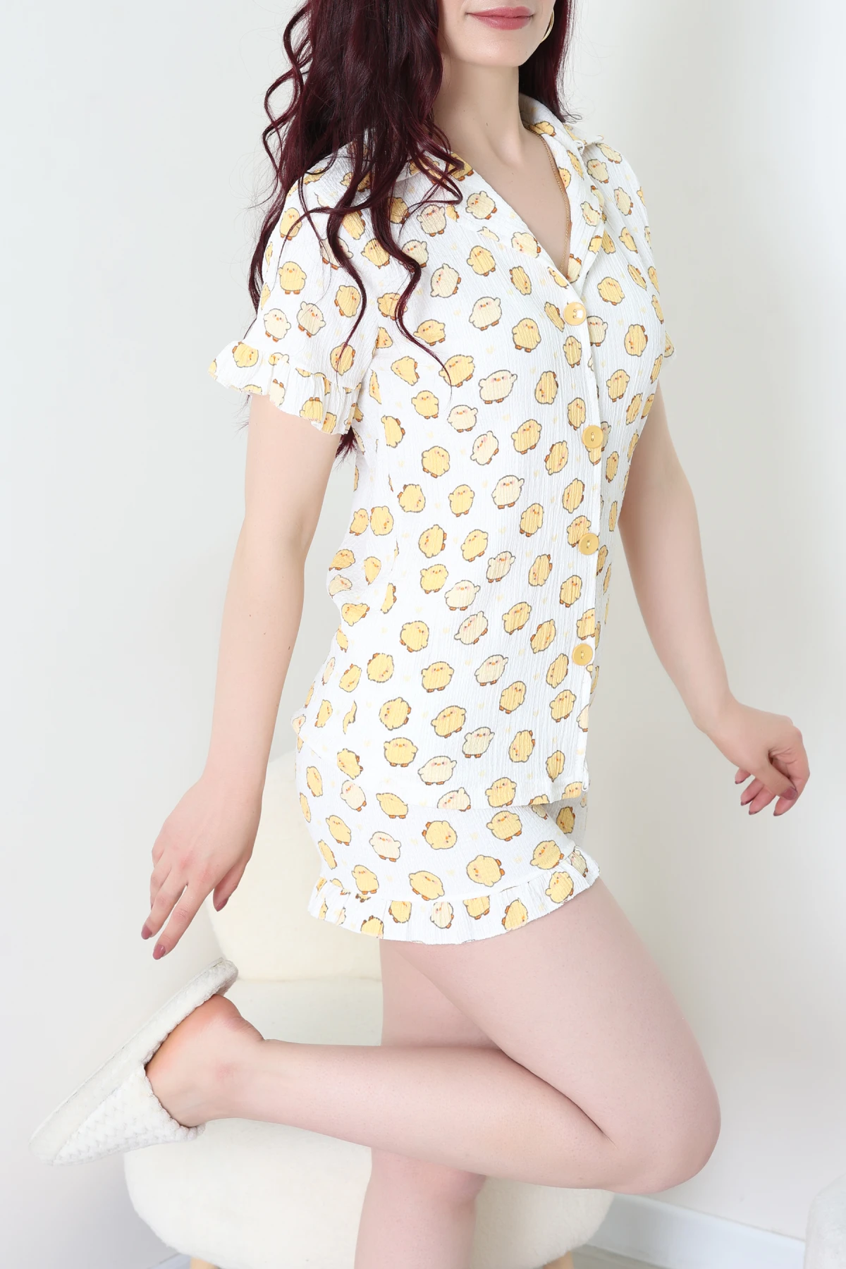 Bürümcük Fırfırlı Şortlu Pijama Takımı Ekru - 149.1287.