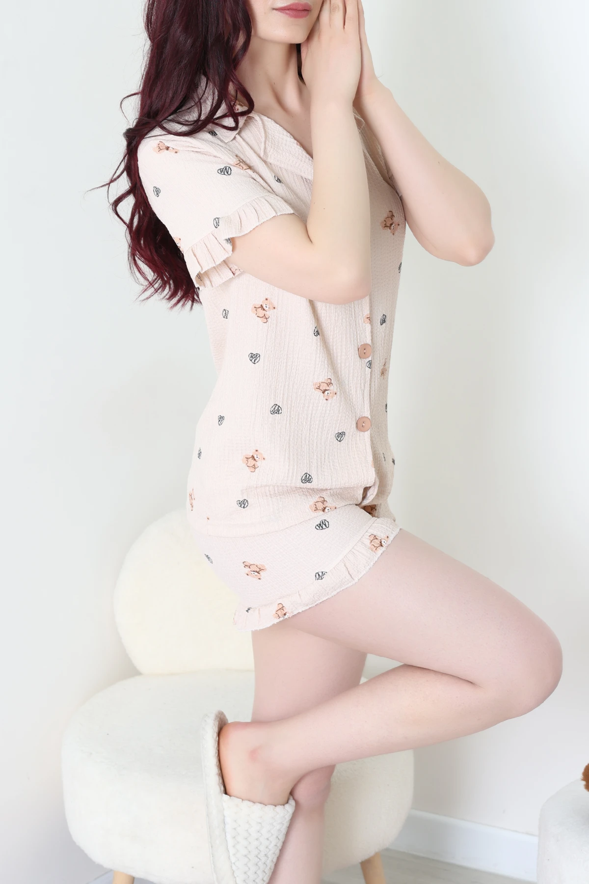 Bürümcük Fırfırlı Şortlu Pijama Takımı Pudra - 149.1287.