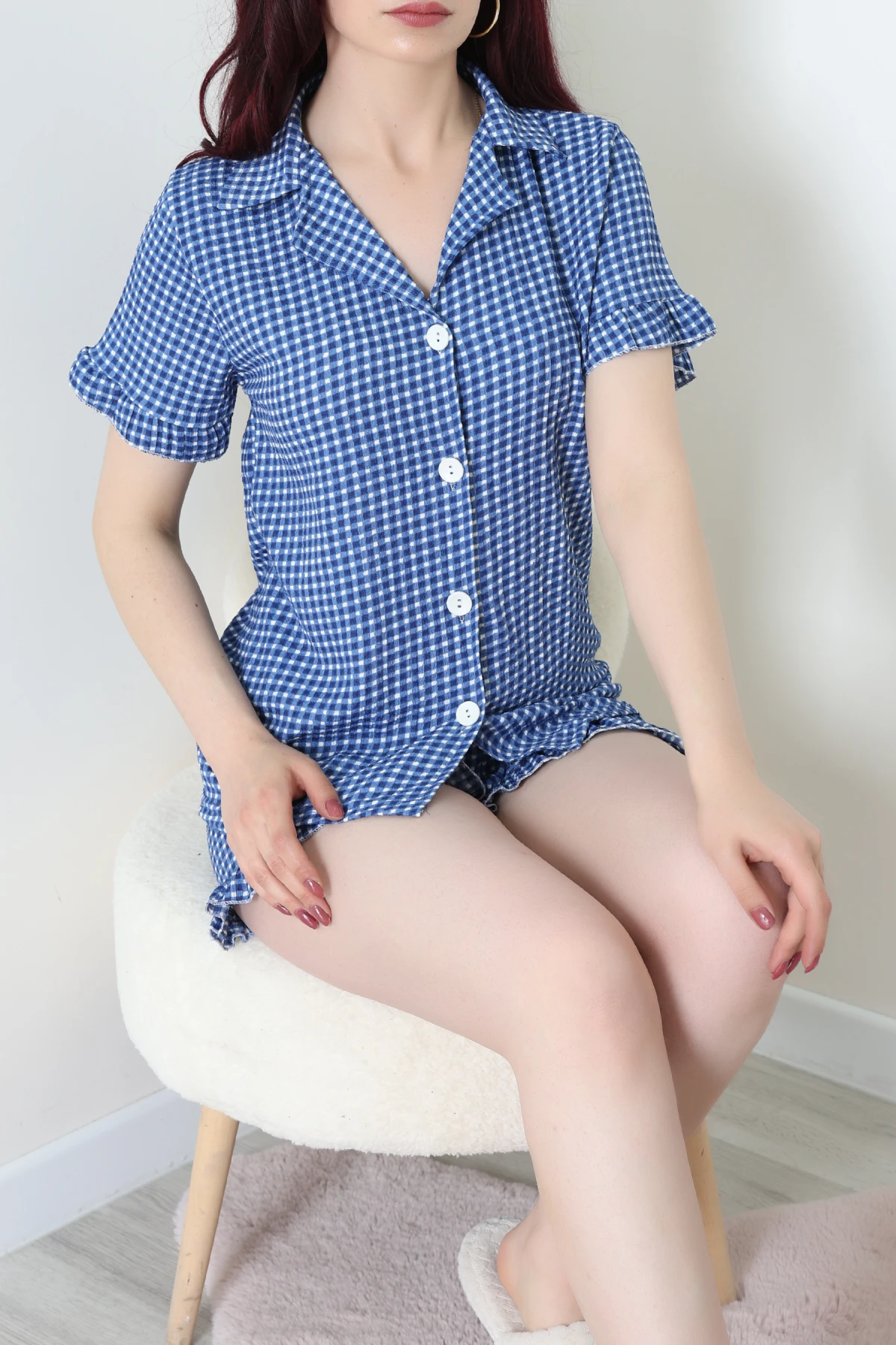 Bürümcük Fırfırlı Şortlu Pijama Takımı Saksmavisi - 149.1287.