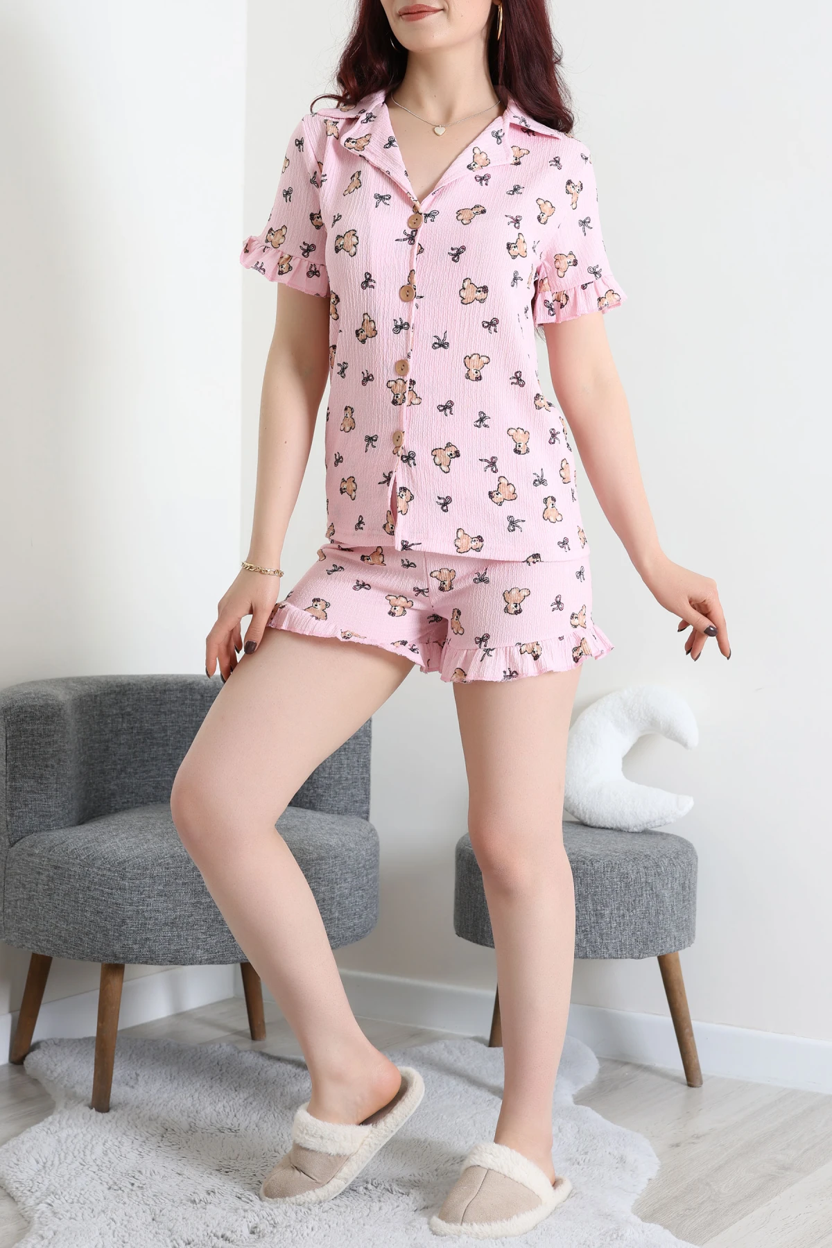 Bürümcük Fırfırlı Şortlu Pijama Takımı Pembeayı - 149.1287.