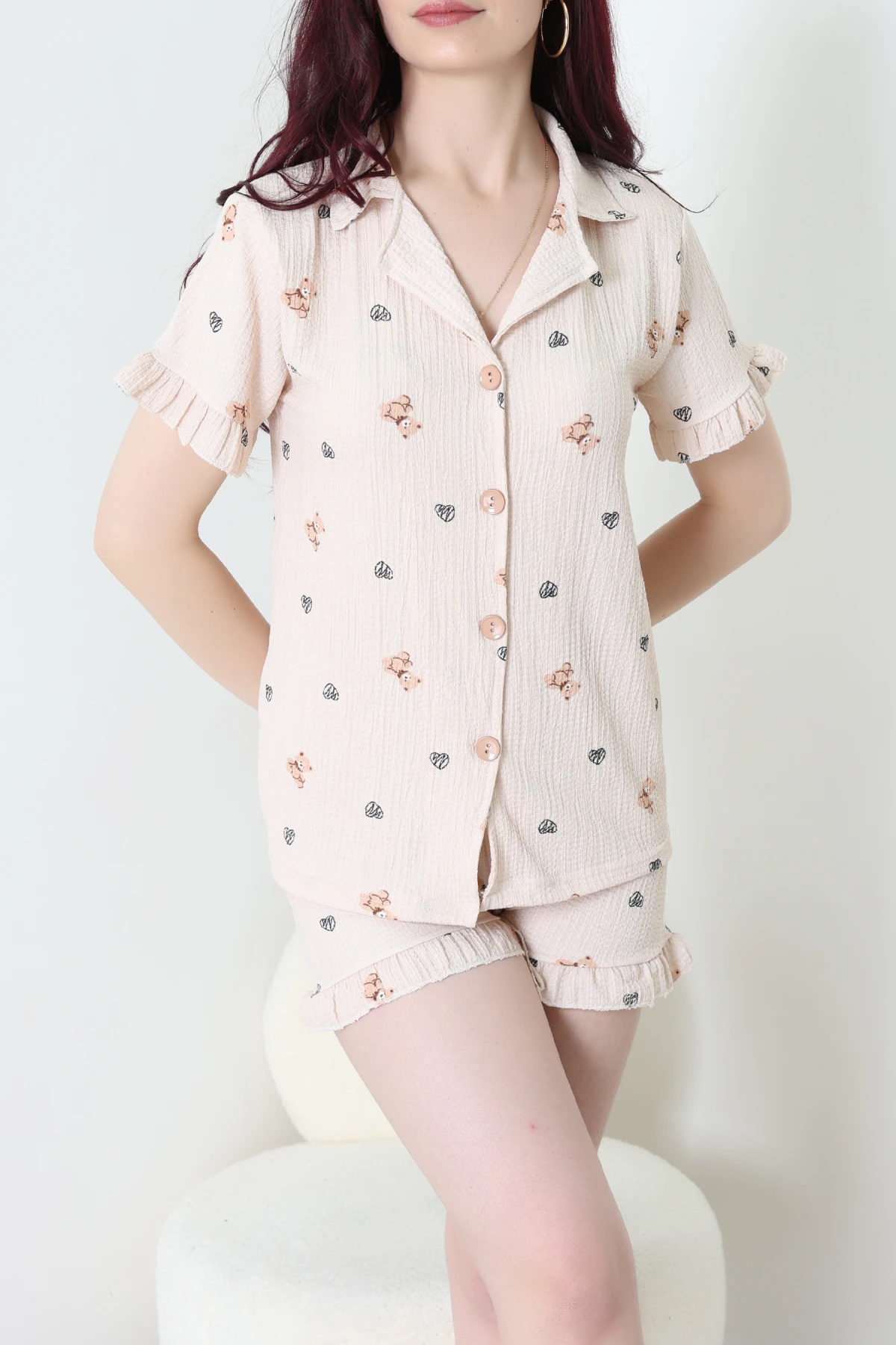 Bürümcük Fırfırlı Şortlu Pijama Takımı Pudra - 149.1287.