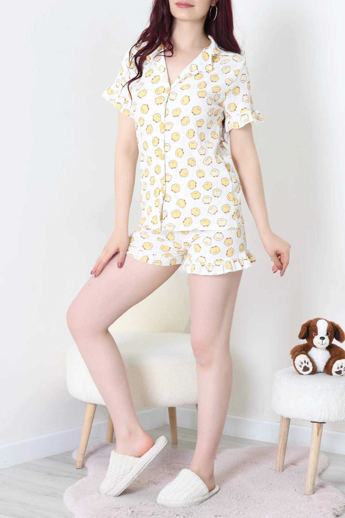 Bürümcük Fırfırlı Şortlu Pijama Takımı Ekru - 149.1287.