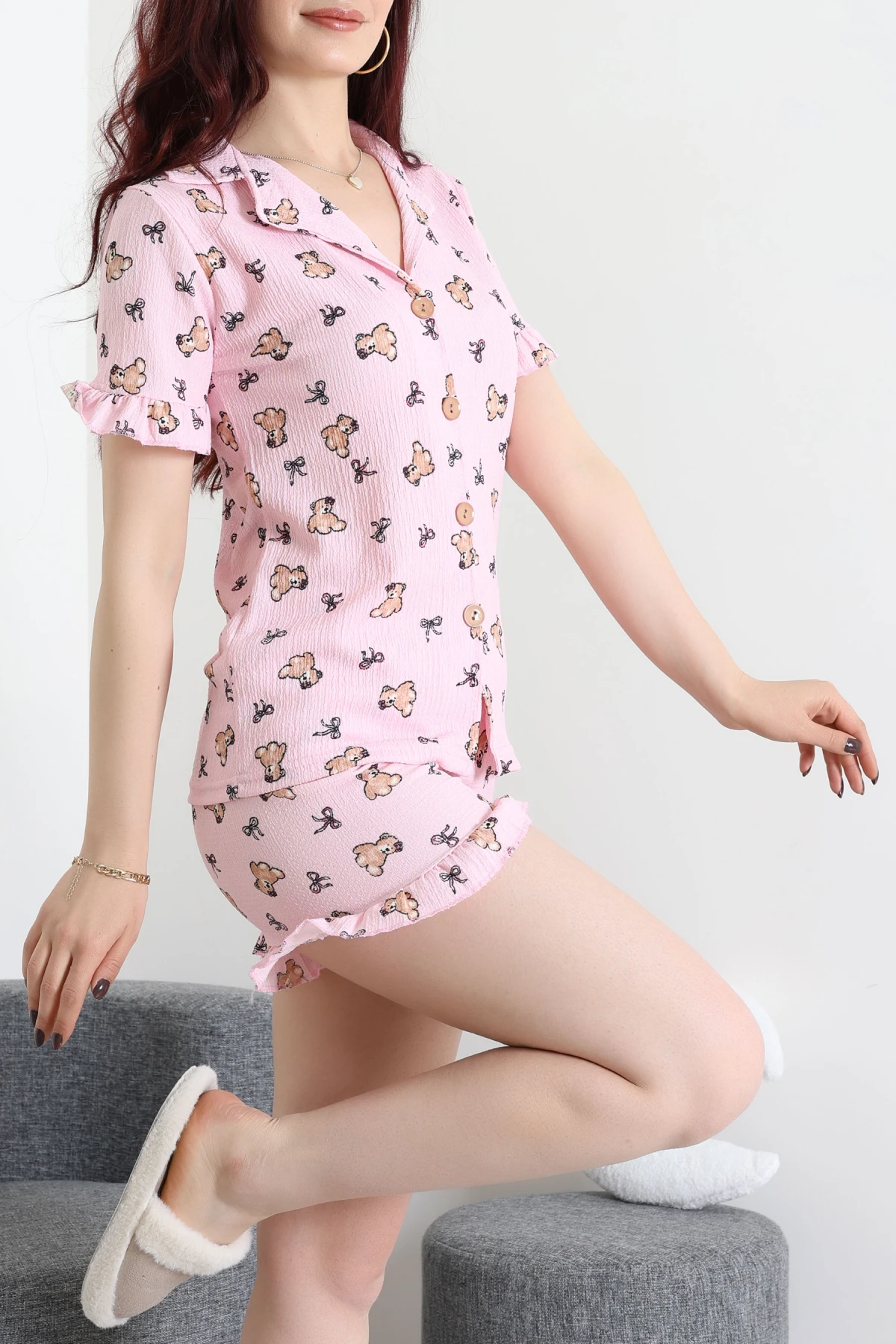 Bürümcük Fırfırlı Şortlu Pijama Takımı Pembeayı - 149.1287.