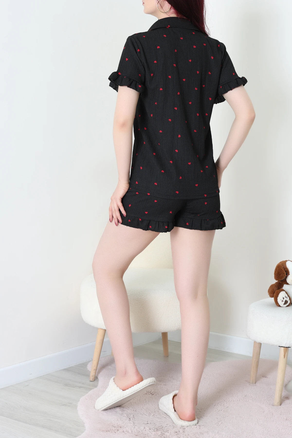 Bürümcük Fırfırlı Şortlu Pijama Takımı Siyahkırmızı - 149.1287.