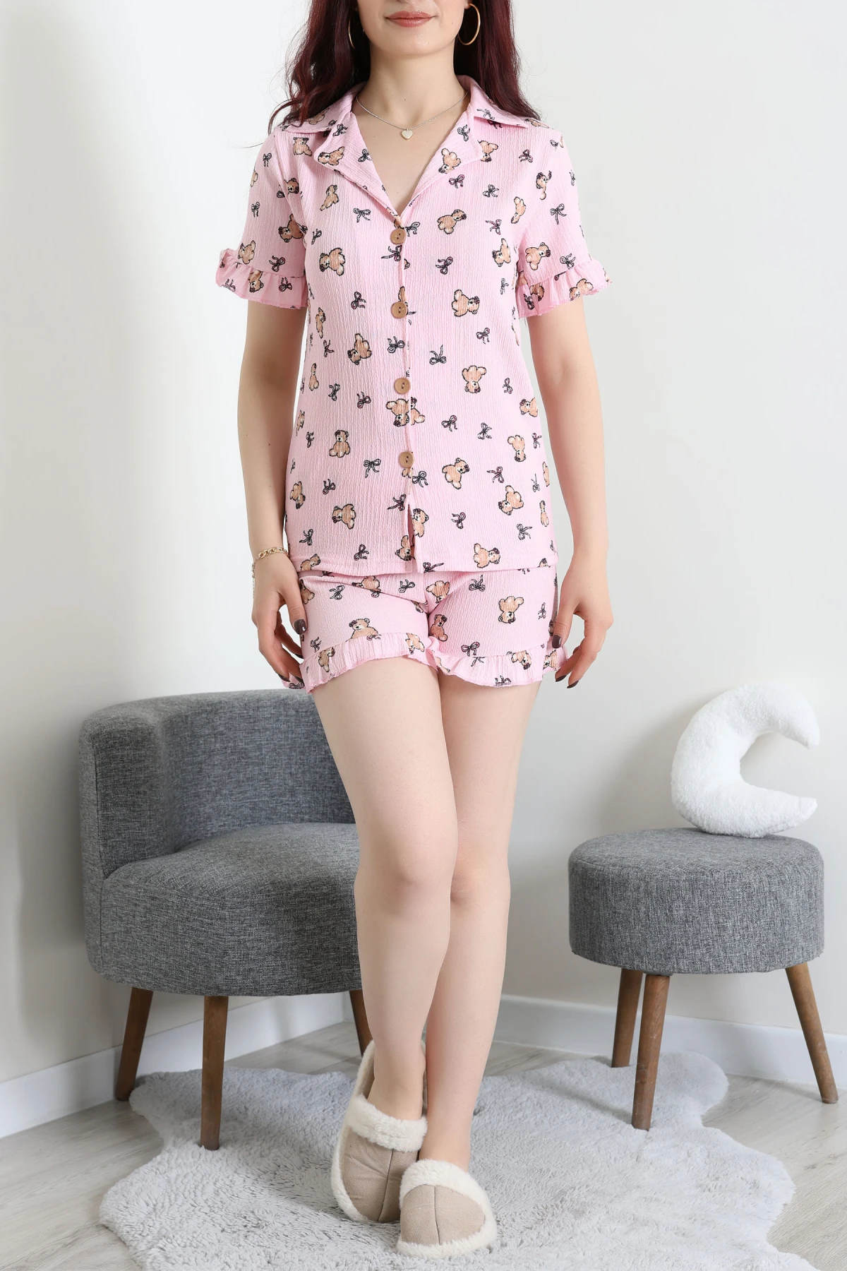 Bürümcük Fırfırlı Şortlu Pijama Takımı Pembeayı - 149.1287.