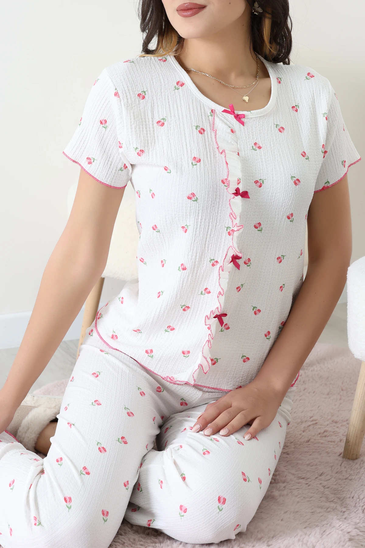 Bisiklet Yaka Fırfırlı Takım Beyazçiçek - 158.1287.