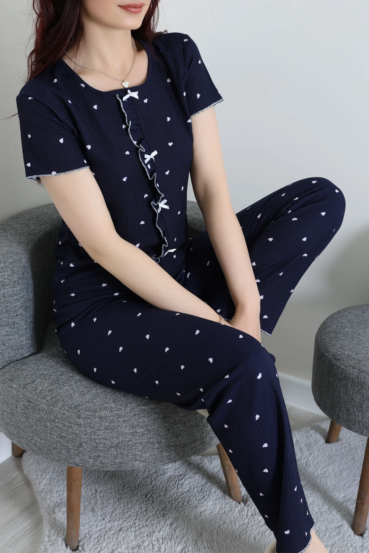 Bürümcük Fırfırlı Pijama Takımı Lacivertkalp - 158.1287.