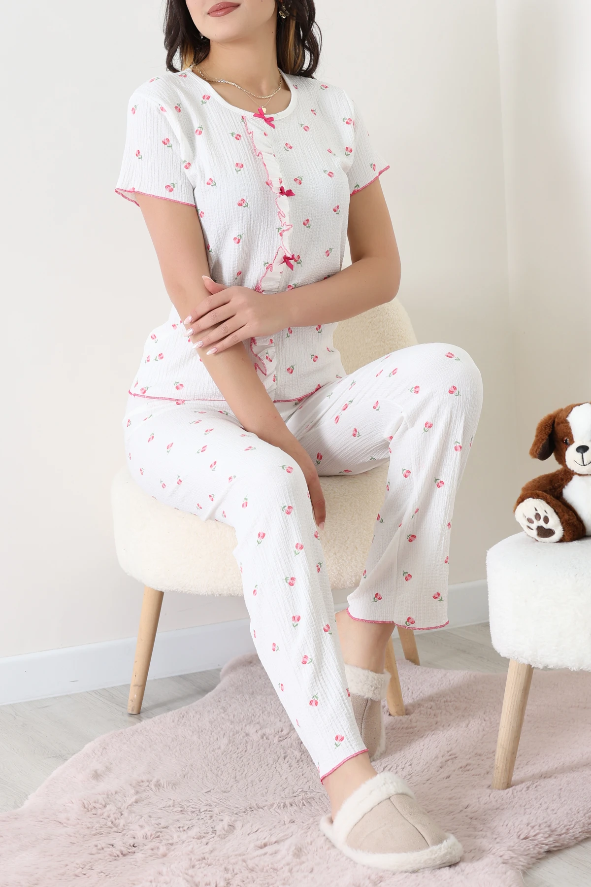 Bisiklet Yaka Fırfırlı Takım Beyazçiçek - 158.1287.