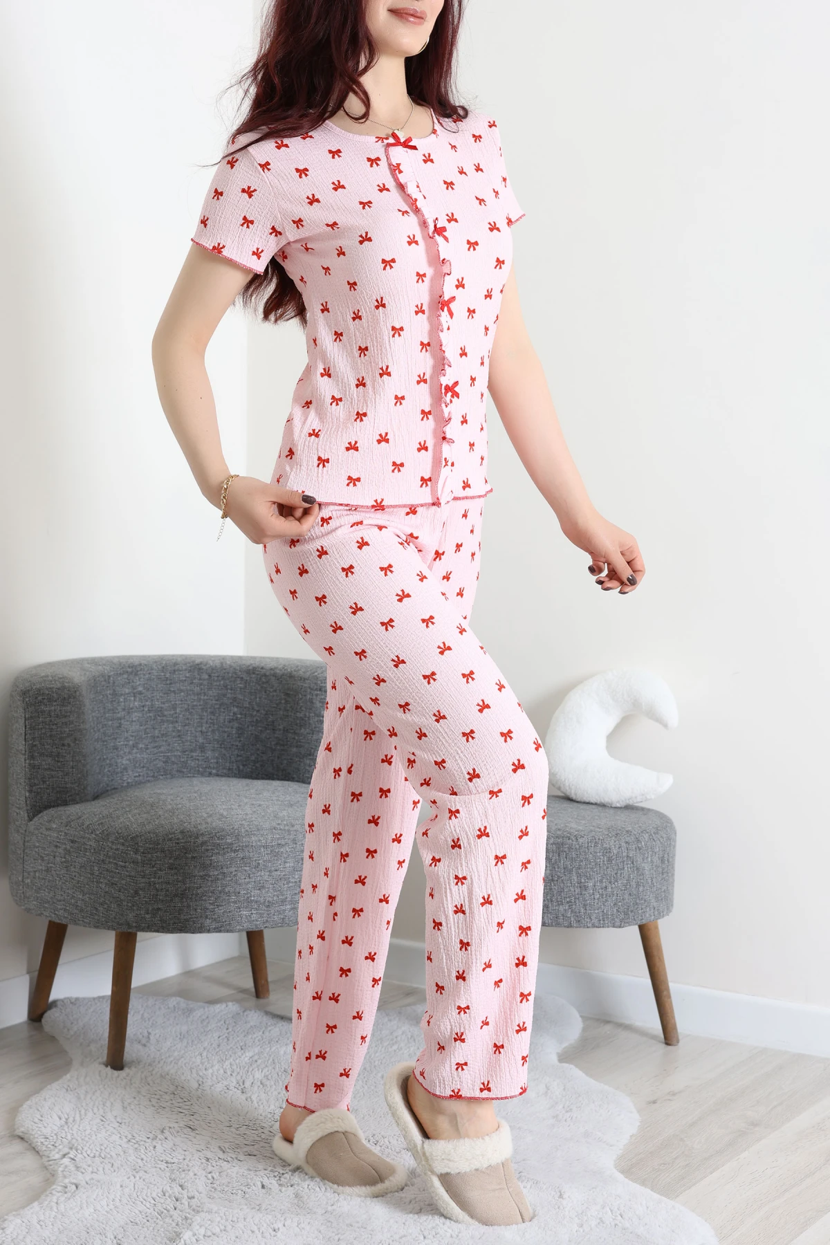 Bürümcük Fırfırlı Pijama Takımı Kırmızıkurdele - 158.1287.