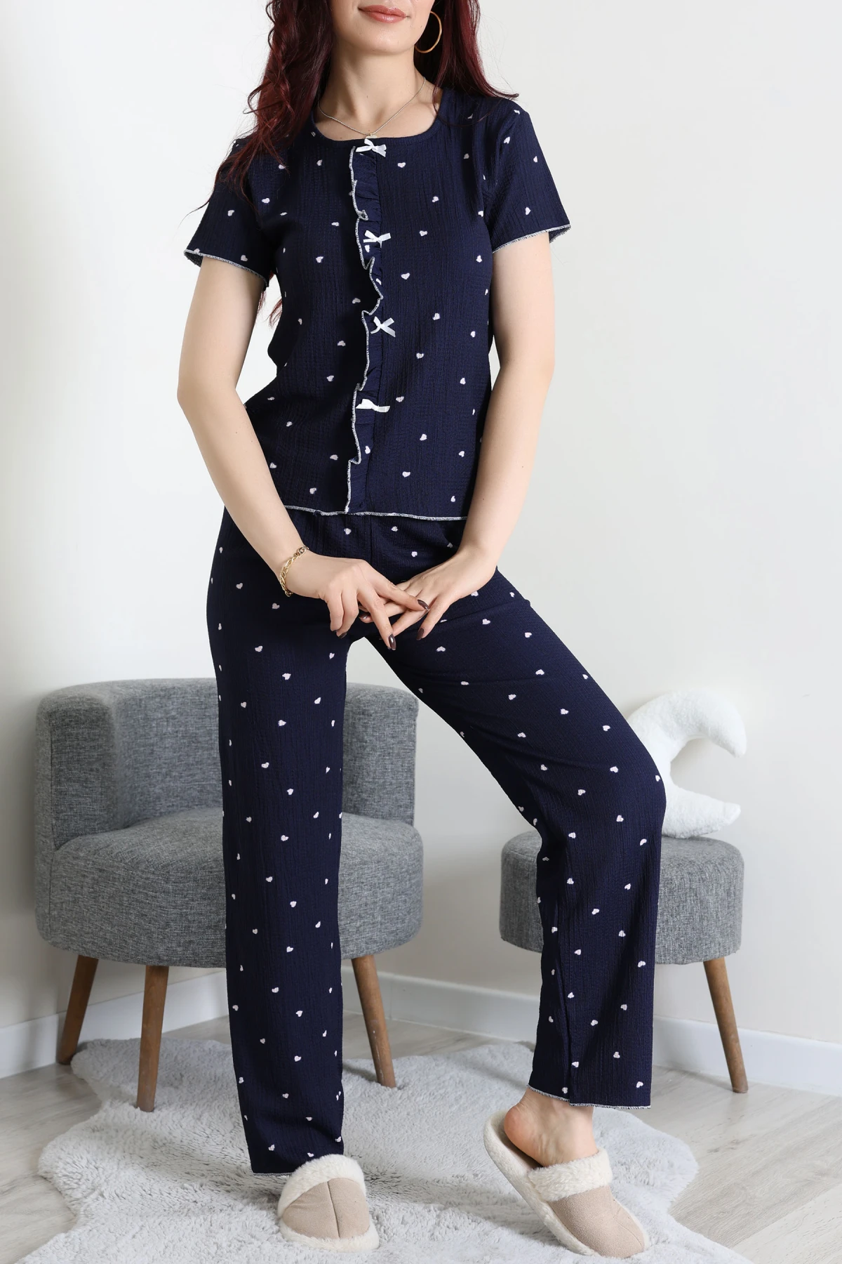 Bürümcük Fırfırlı Pijama Takımı Lacivertkalp - 158.1287.