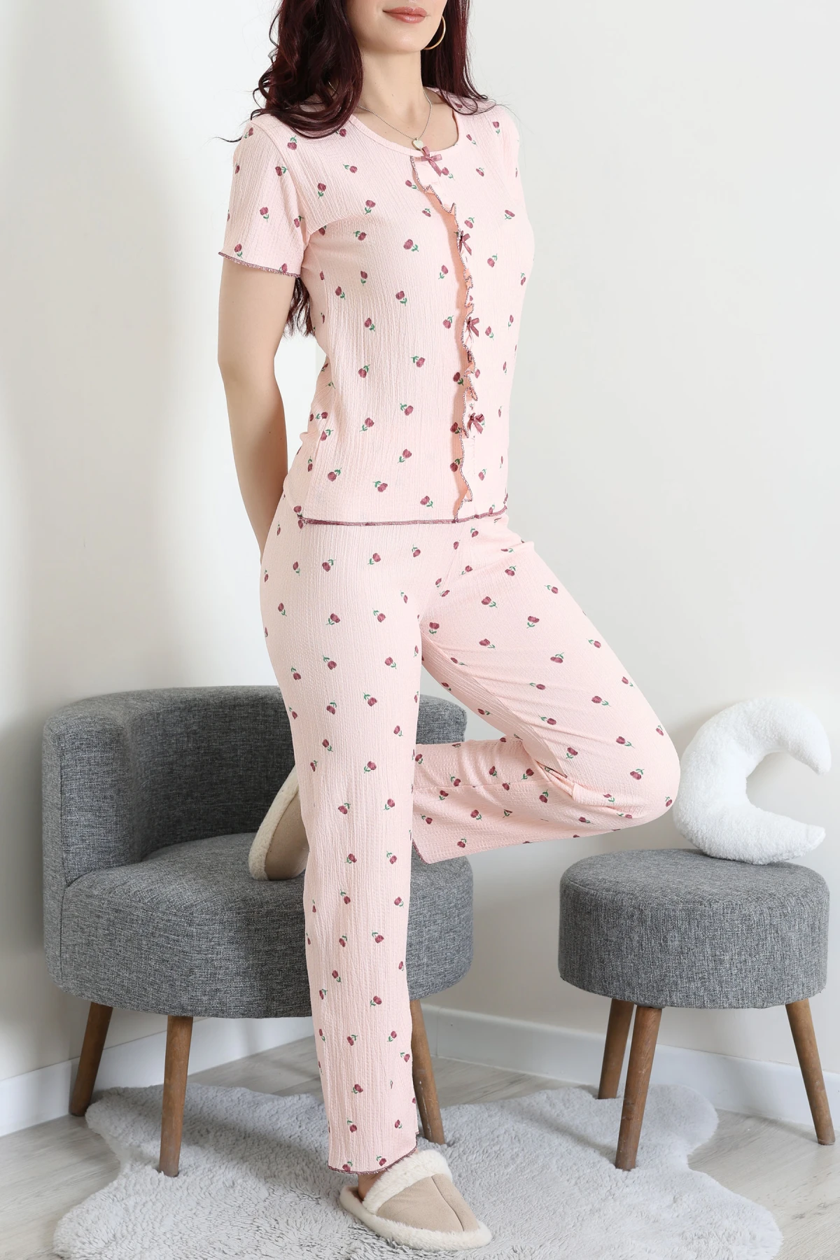 Bürümcük Fırfırlı Pijama Takımı Pudraçiçek - 158.1287.