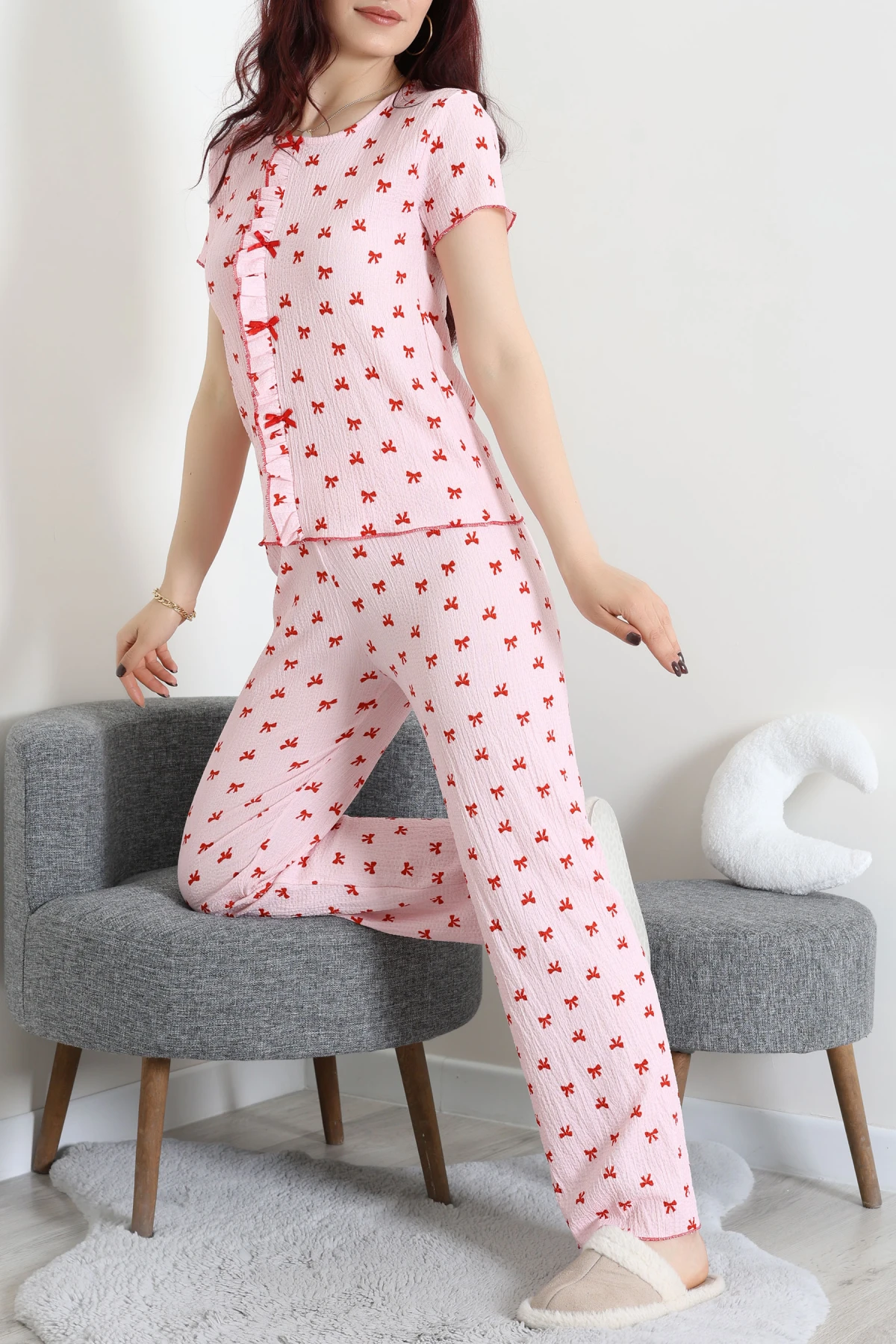 Bürümcük Fırfırlı Pijama Takımı Kırmızıkurdele - 158.1287.