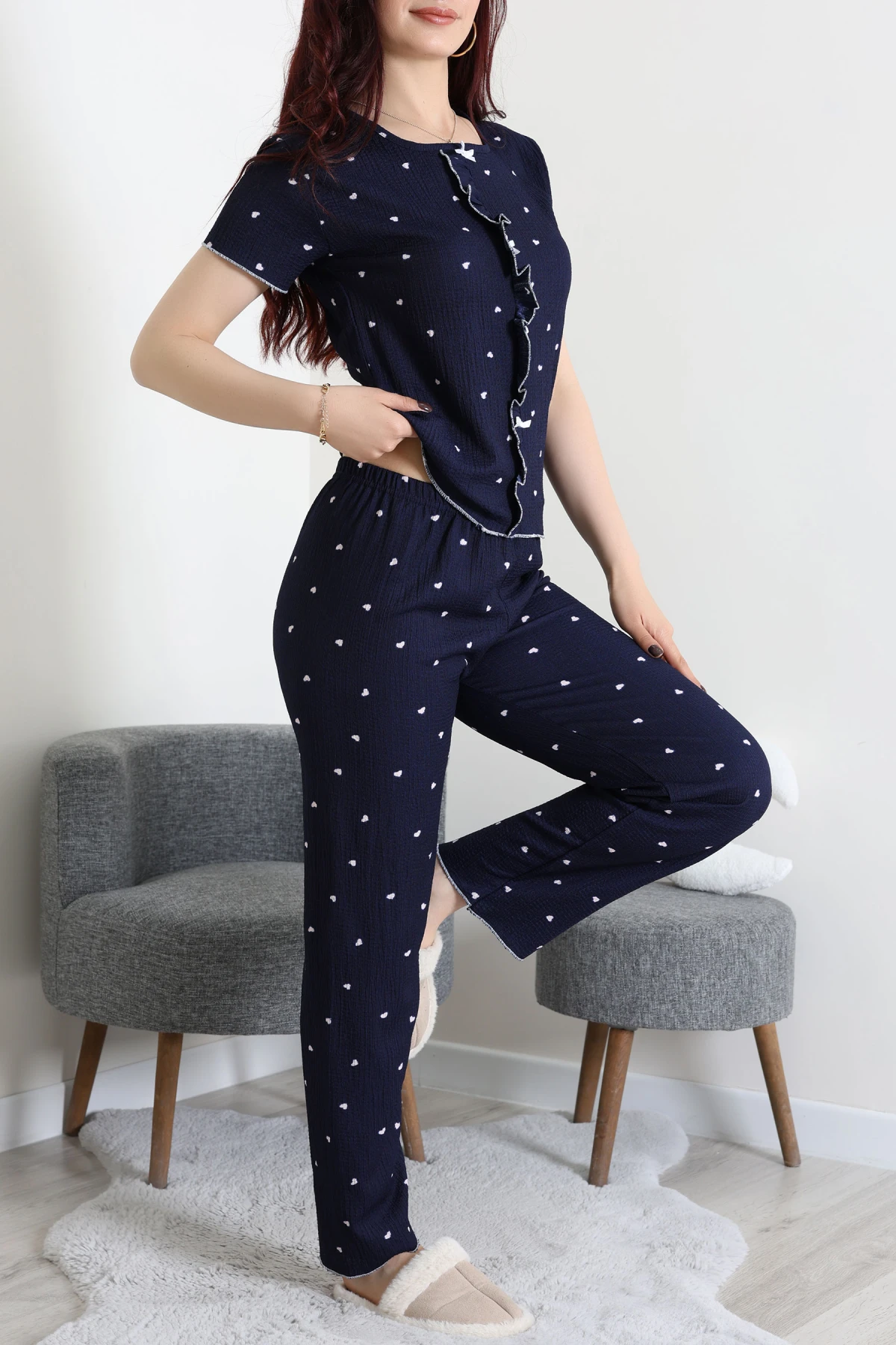 Bürümcük Fırfırlı Pijama Takımı Lacivertkalp - 158.1287.