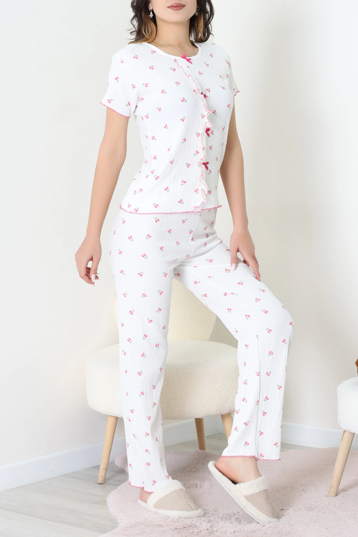 Bisiklet Yaka Fırfırlı Takım Beyazçiçek - 158.1287.