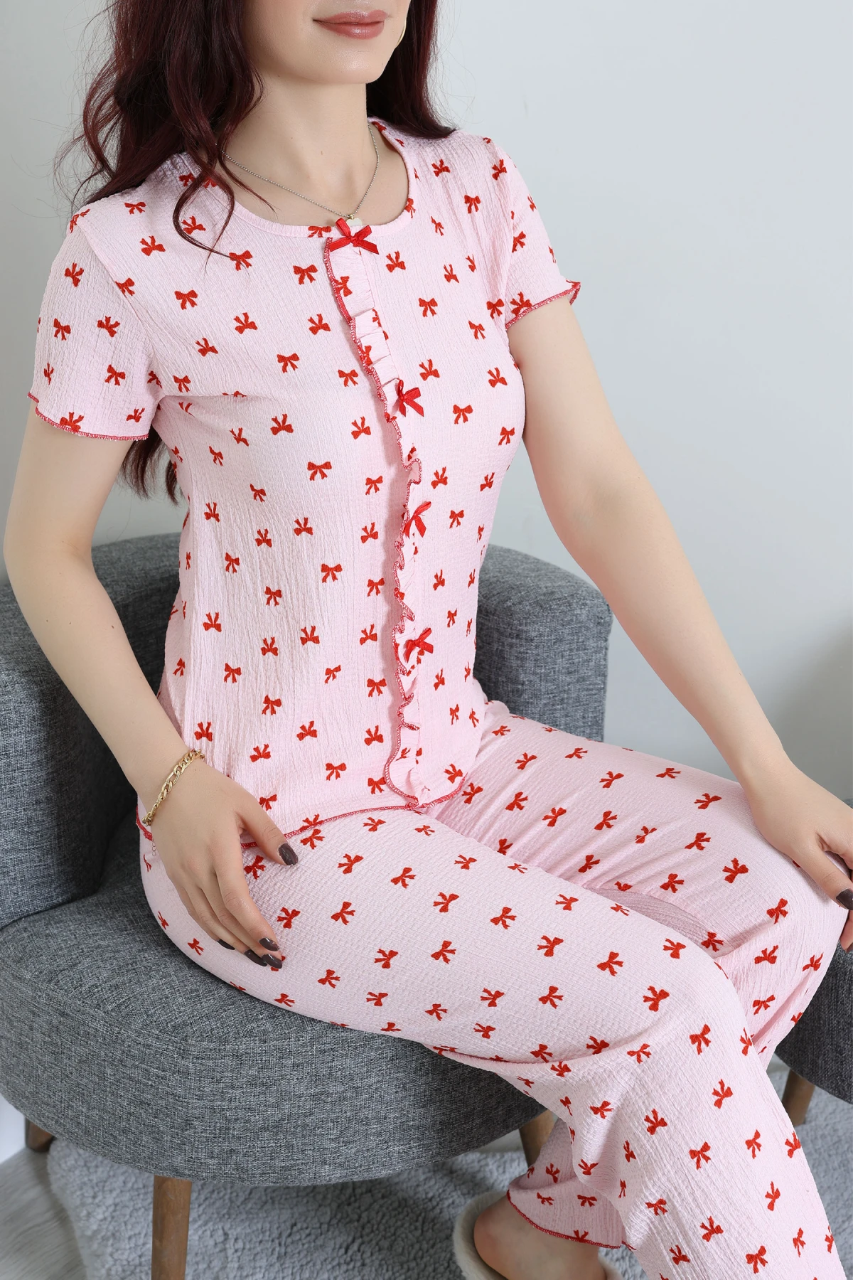 Bürümcük Fırfırlı Pijama Takımı Kırmızıkurdele - 158.1287.