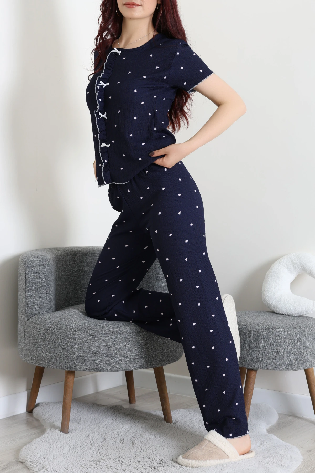 Bürümcük Fırfırlı Pijama Takımı Lacivertkalp - 158.1287.