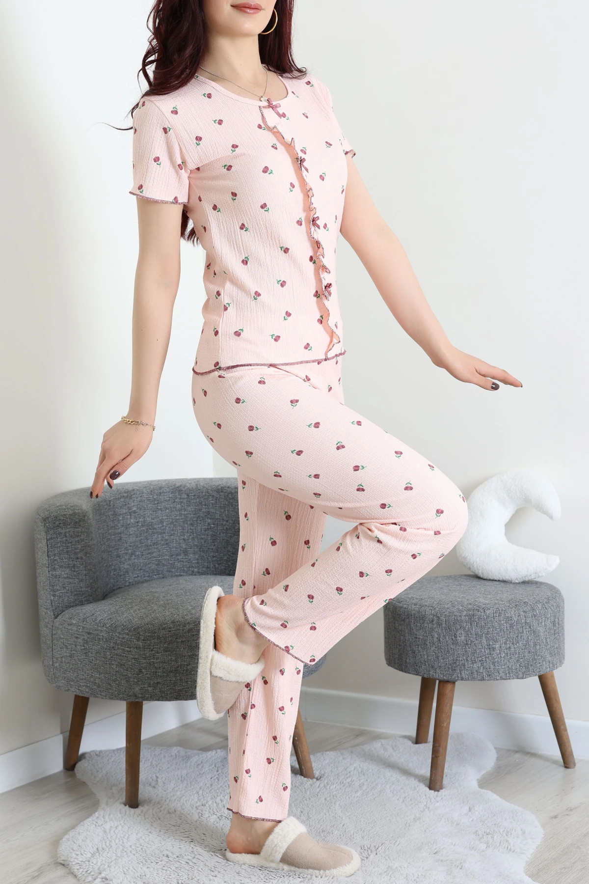 Bürümcük Fırfırlı Pijama Takımı Pudraçiçek - 158.1287.