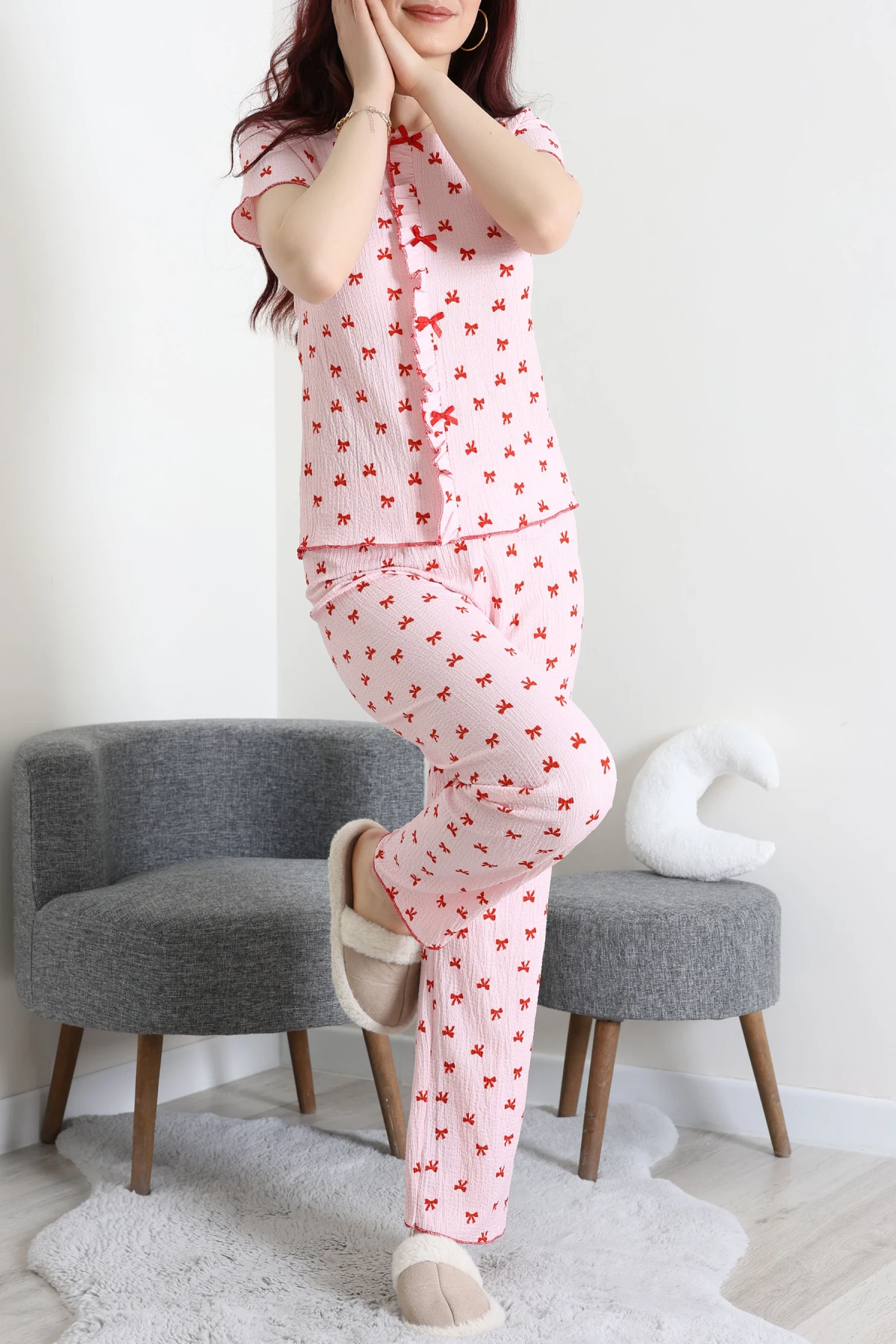 Bürümcük Fırfırlı Pijama Takımı Kırmızıkurdele - 158.1287.