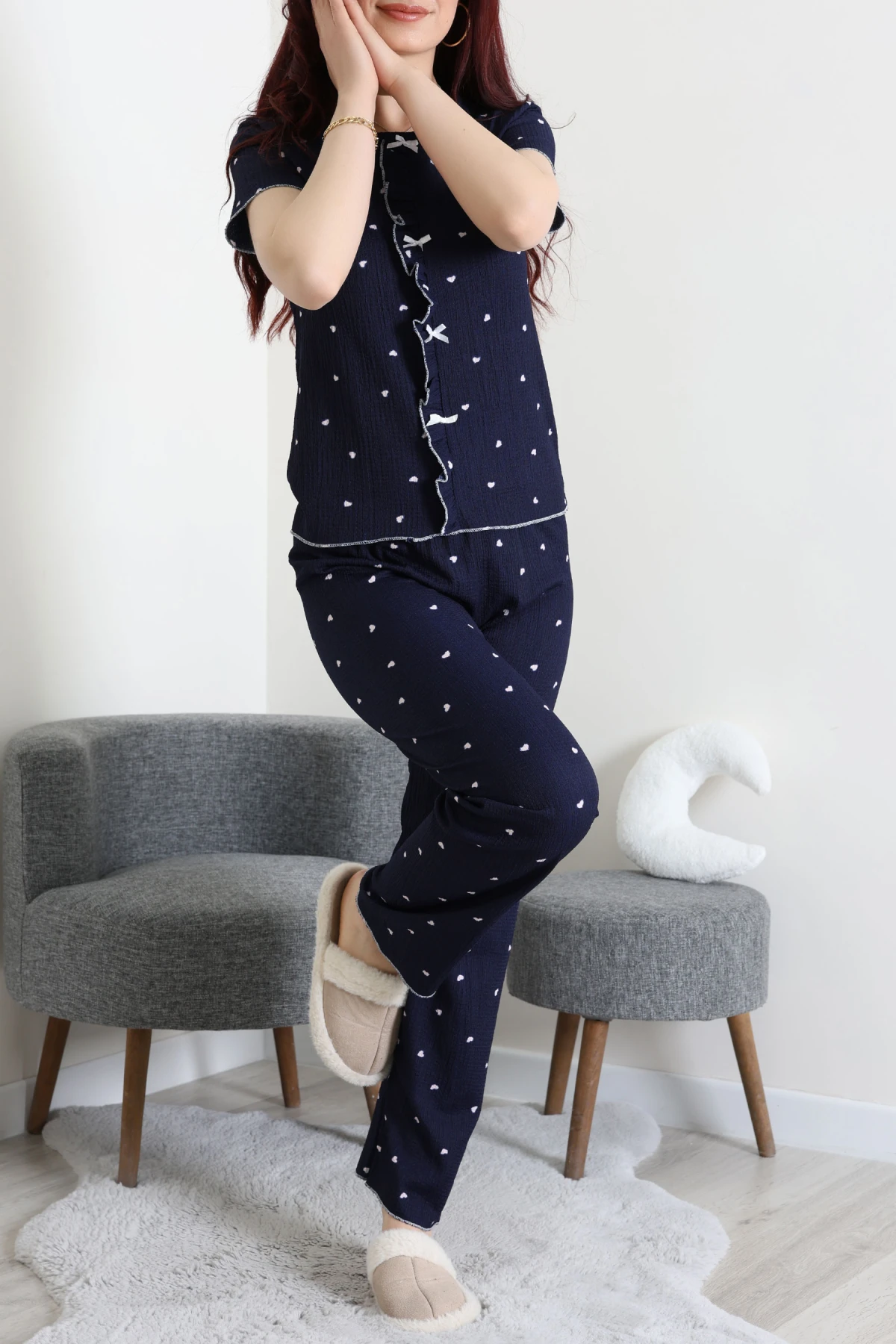 Bürümcük Fırfırlı Pijama Takımı Lacivertkalp - 158.1287.