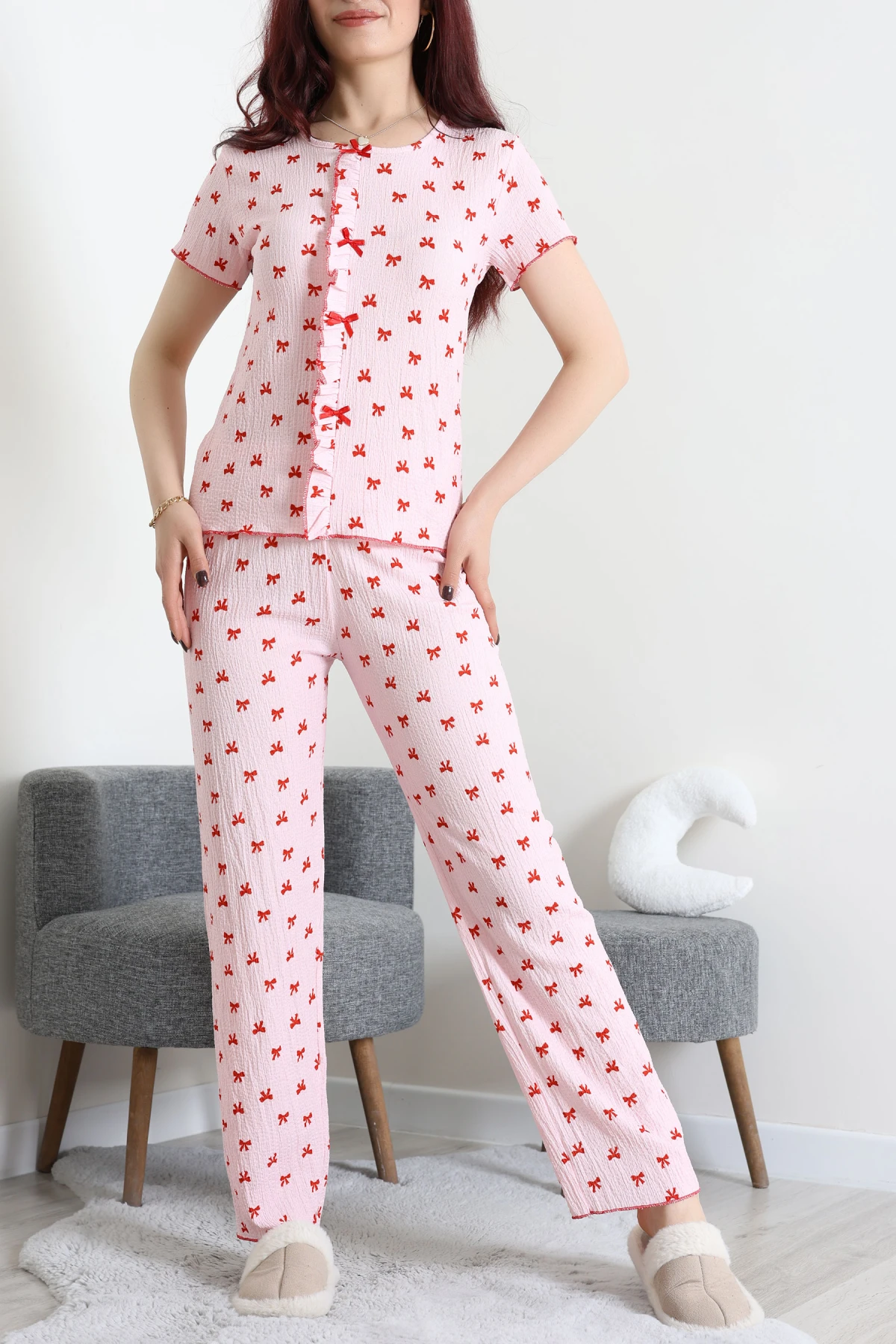 Bürümcük Fırfırlı Pijama Takımı Kırmızıkurdele - 158.1287.