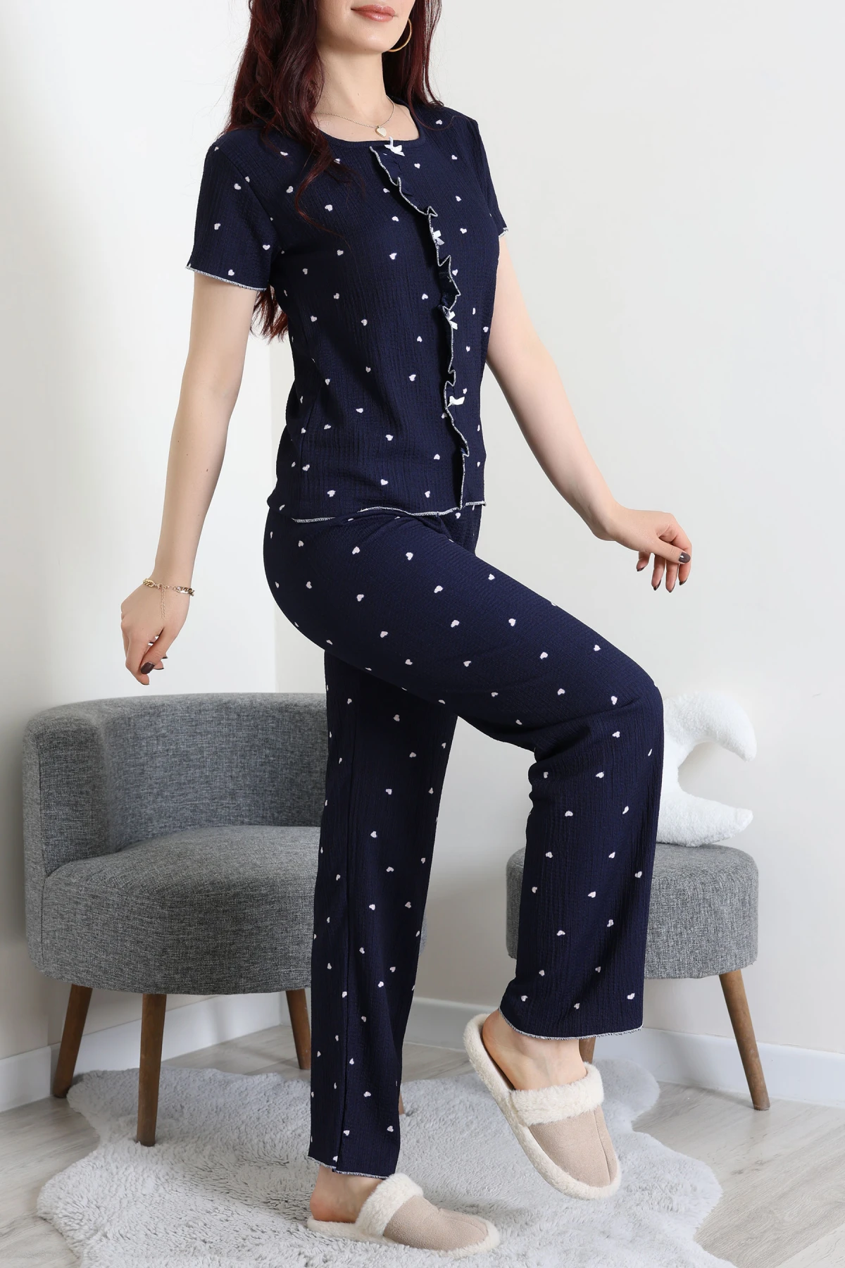 Bürümcük Fırfırlı Pijama Takımı Lacivertkalp - 158.1287.