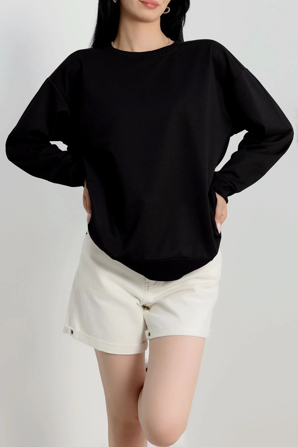 2 İp Bisiklet Yaka Sweat Siyah - 20790.1878.