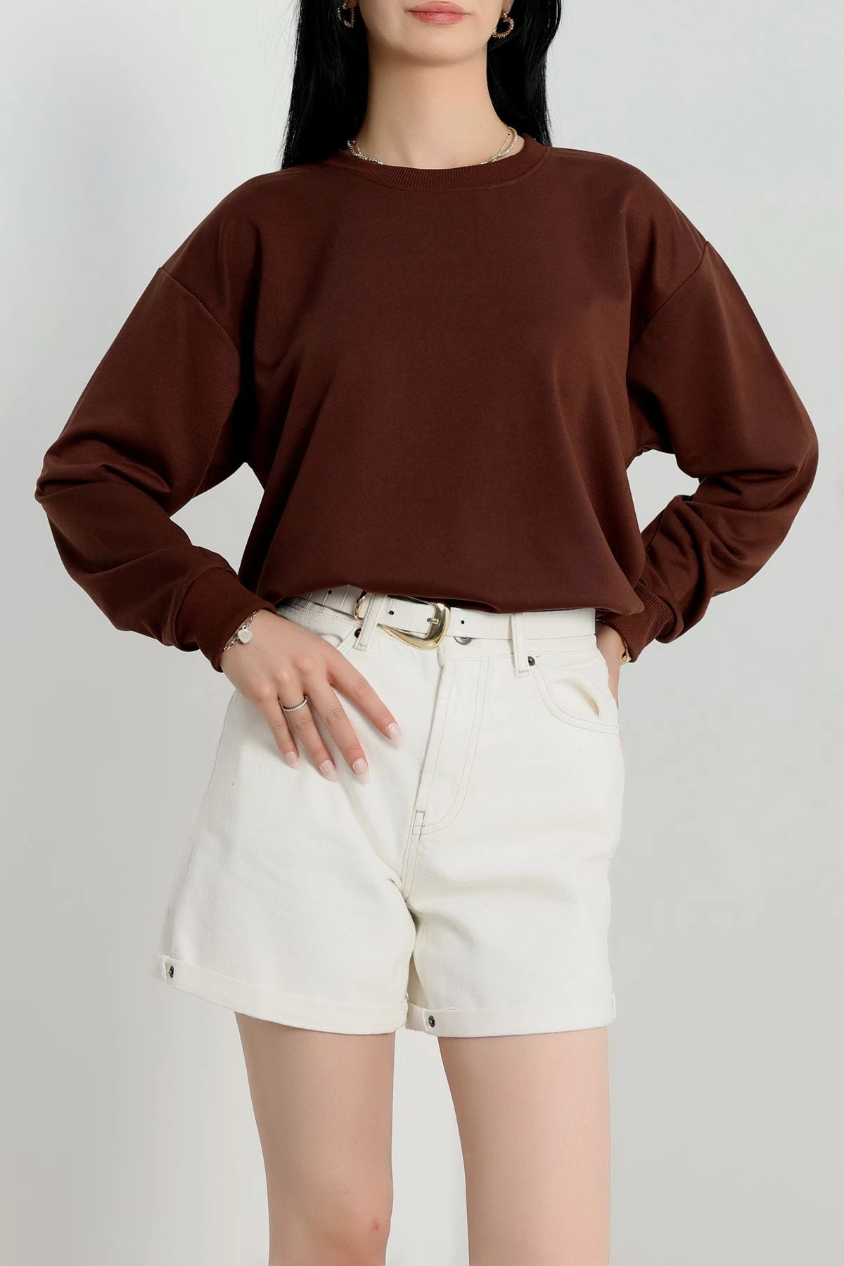 2 İp Bisiklet Yaka Sweat Kahve - 20790.1878.