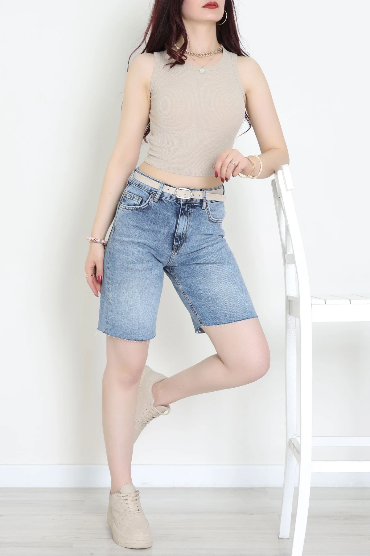 Kemerli Kot Şort Mavi - 2603780.1968.