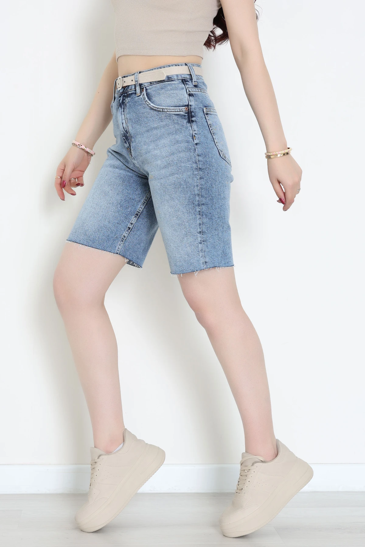 Kemerli Kot Şort Mavi - 2603780.1968.