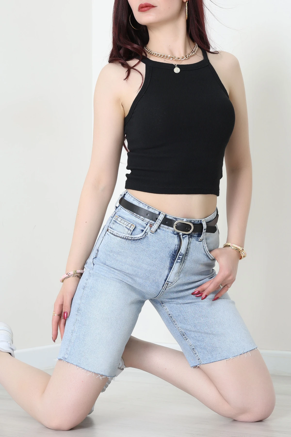 Kemerli Kot Şort Açıkmavi - 2603780.1968.