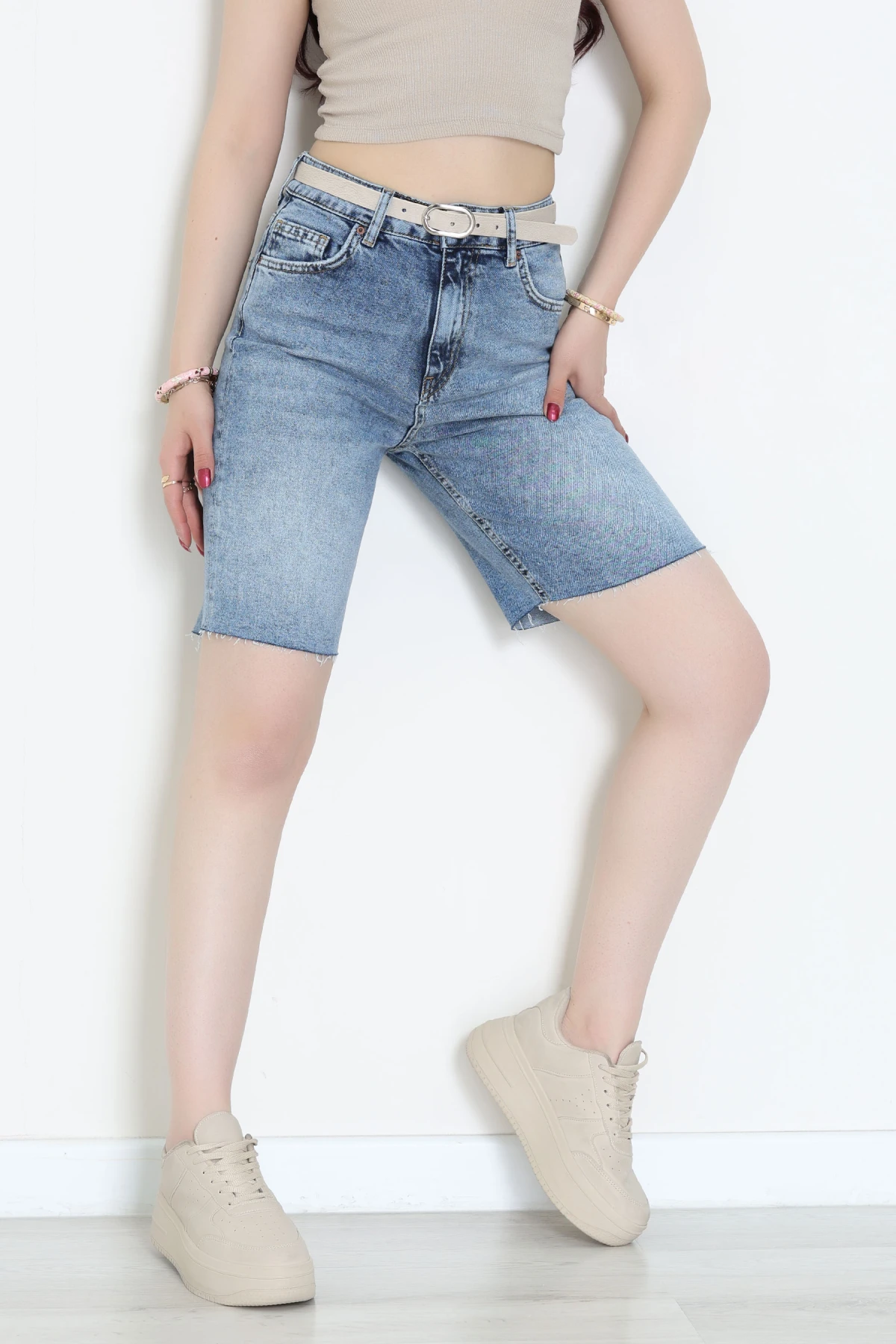 Kemerli Kot Şort Mavi - 2603780.1968.