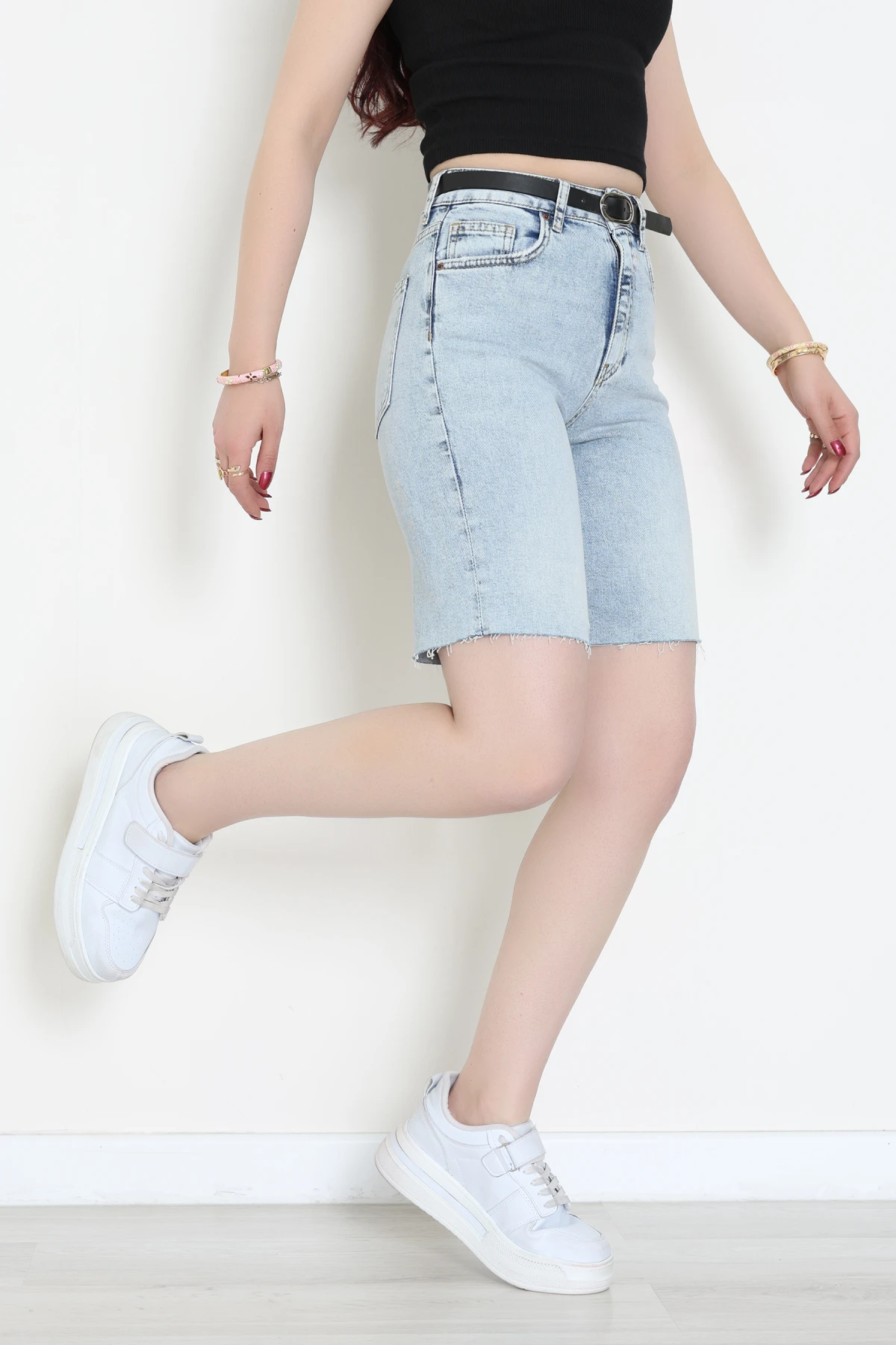 Kemerli Kot Şort Mavi - 2603781.1968.