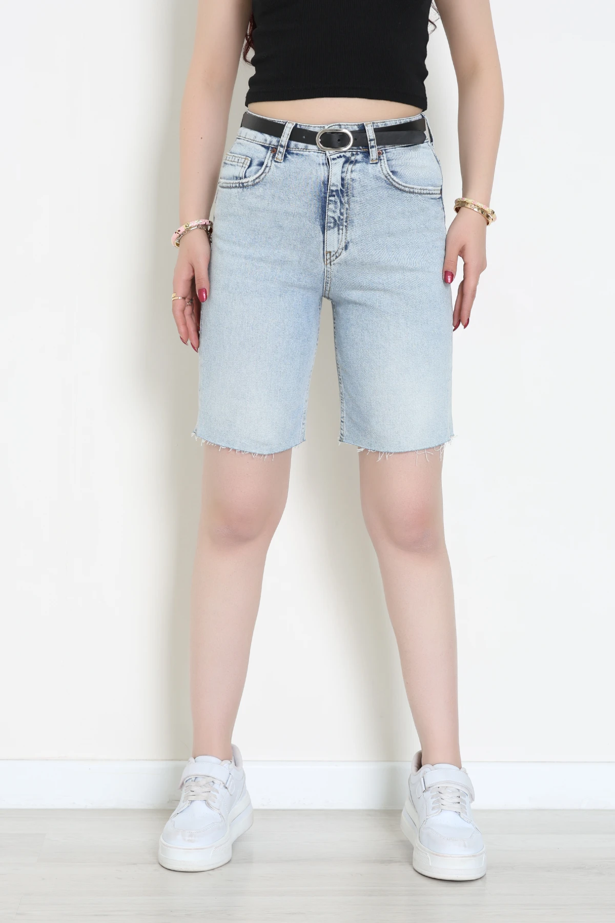 Kemerli Kot Şort Mavi - 2603781.1968.