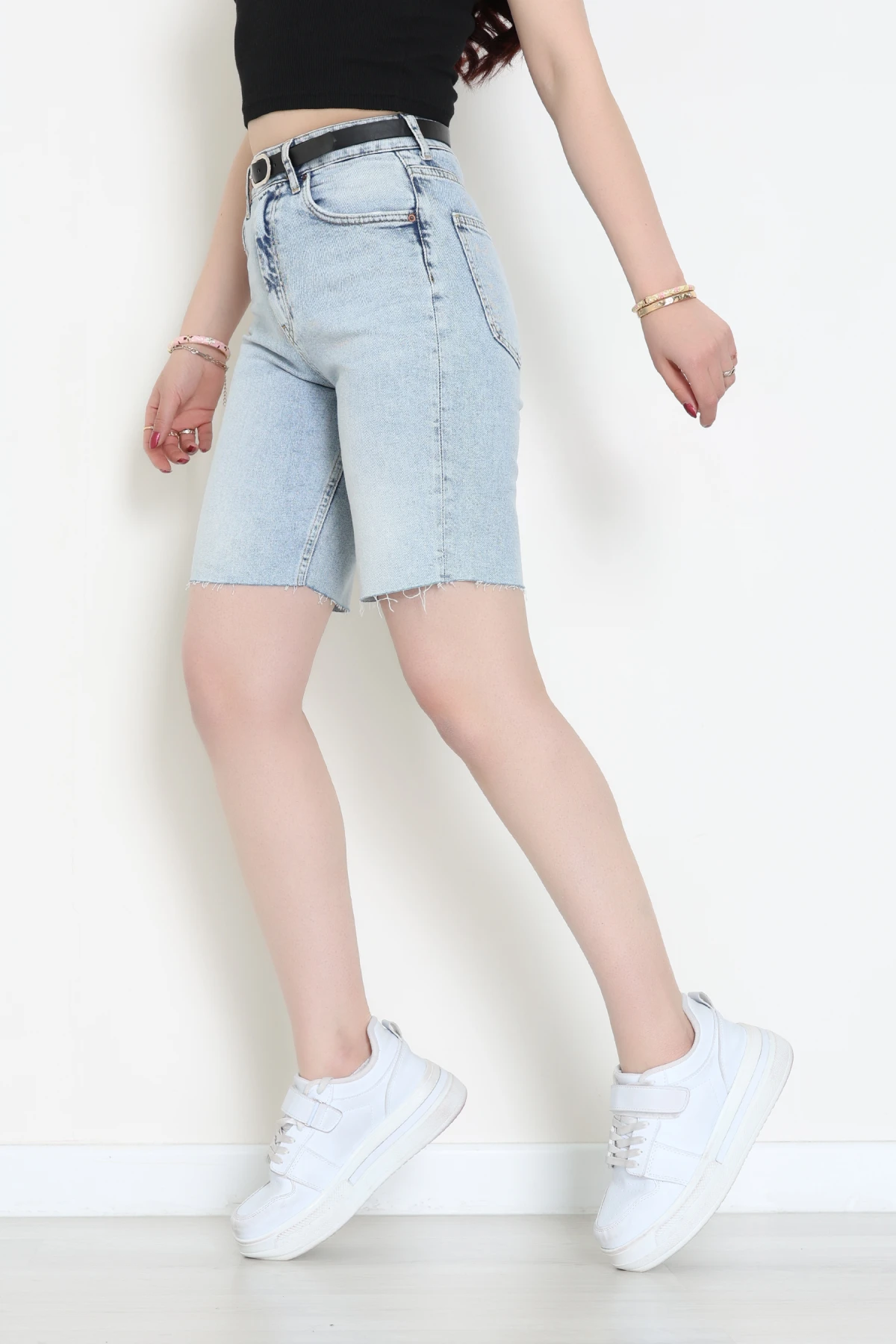 Kemerli Kot Şort Mavi - 2603781.1968.