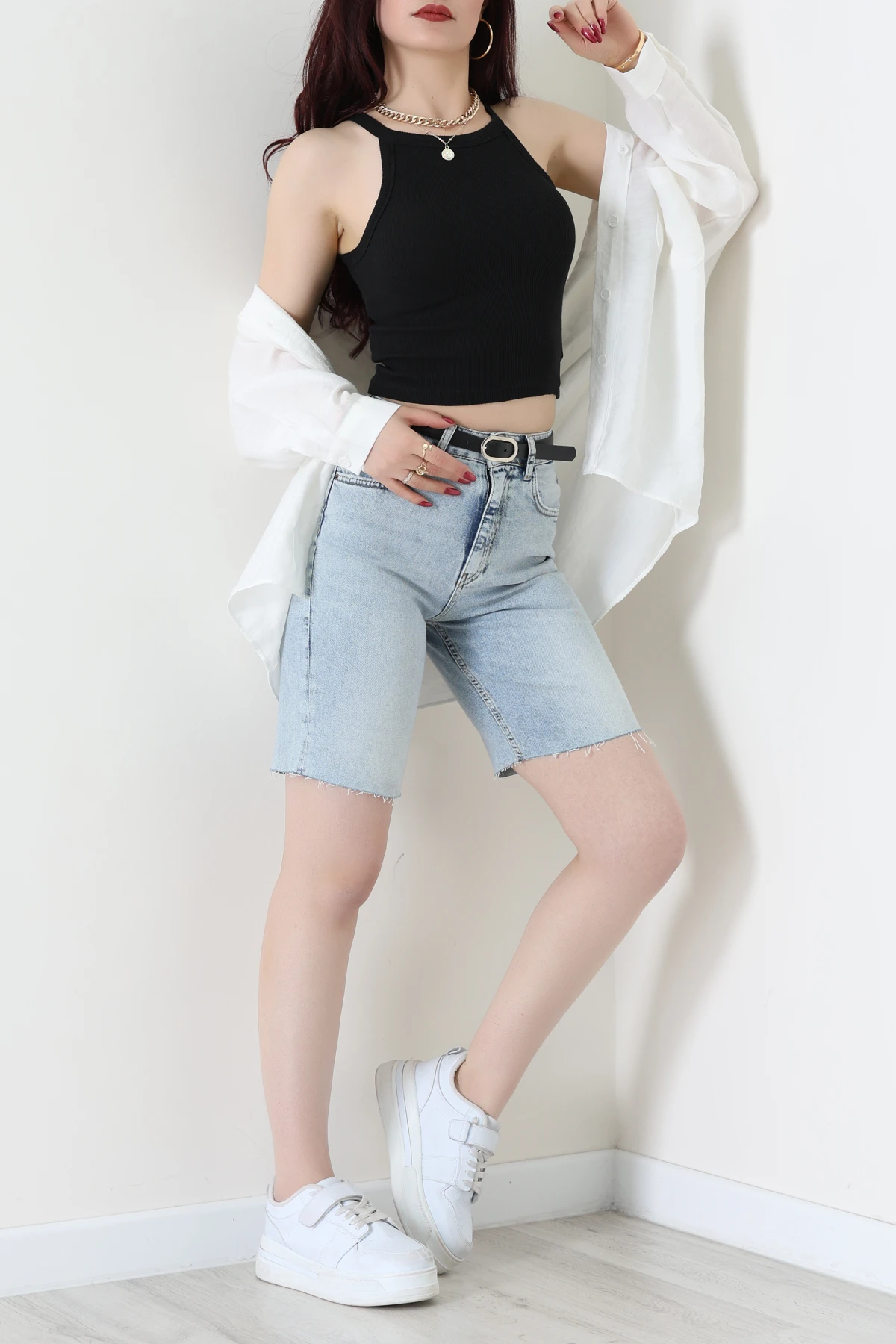 Kemerli Kot Şort Mavi - 2603781.1968.