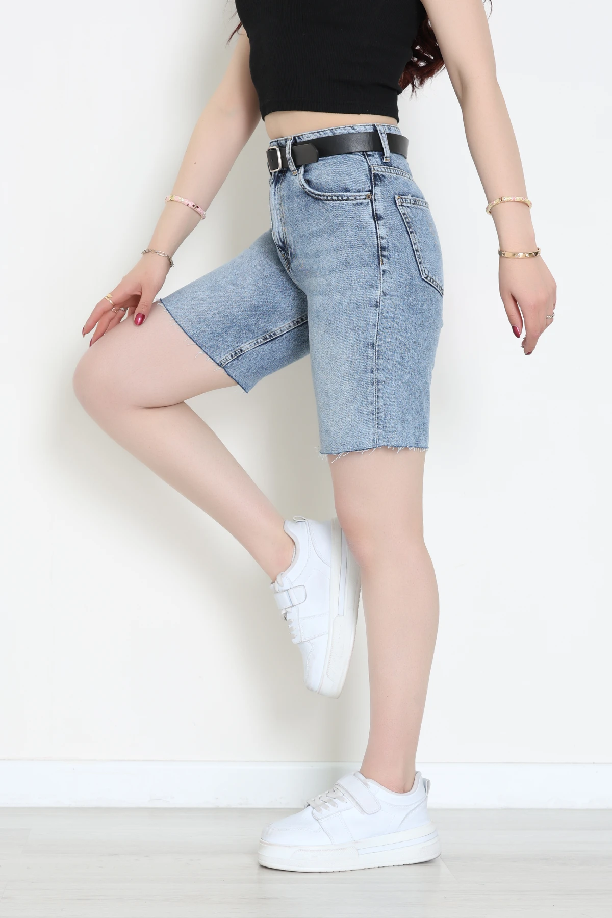 Kemerli Kot Şort Mavi - 2605801.1968.