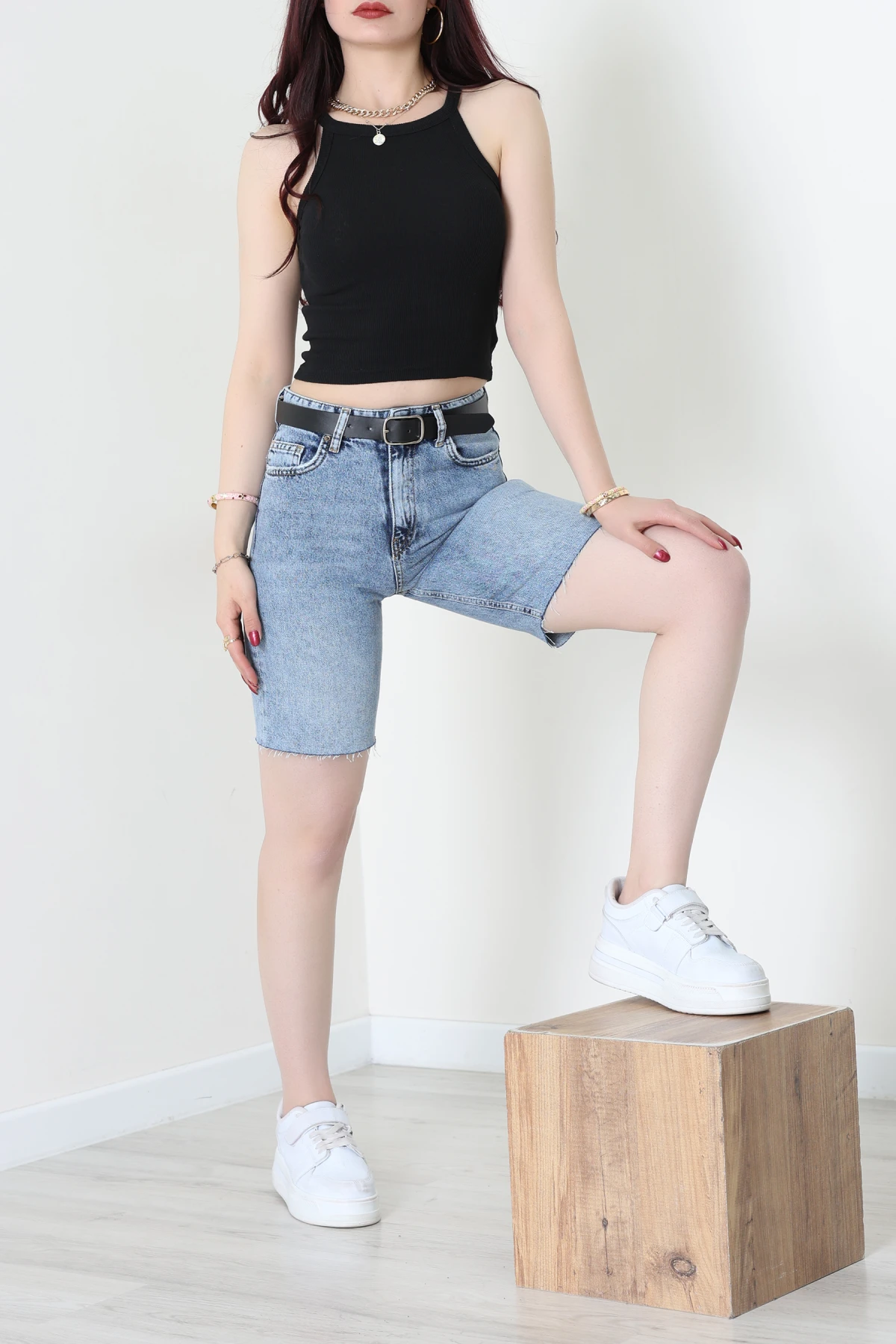 Kemerli Kot Şort Mavi - 2605801.1968.