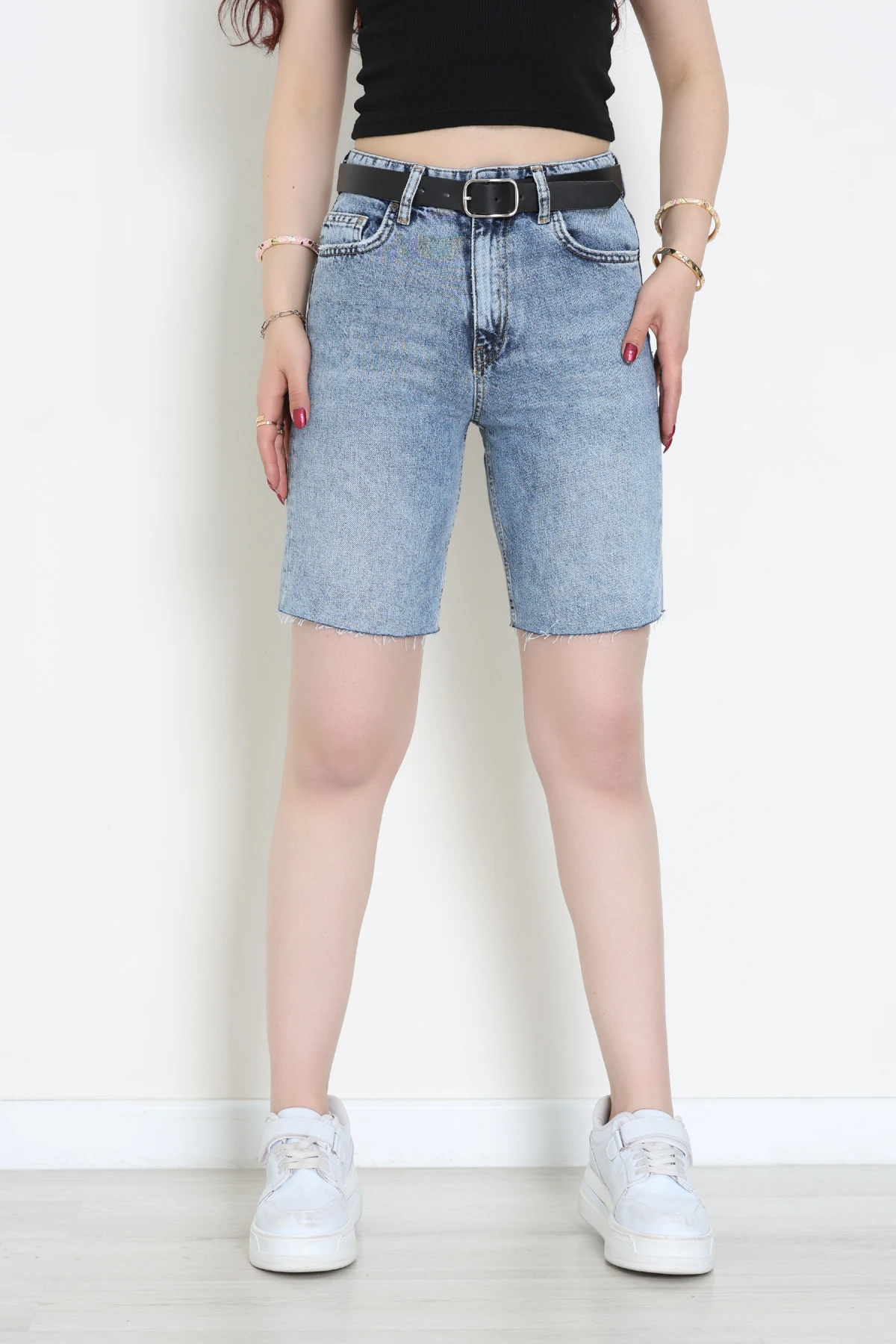 Kemerli Kot Şort Mavi - 2605801.1968.