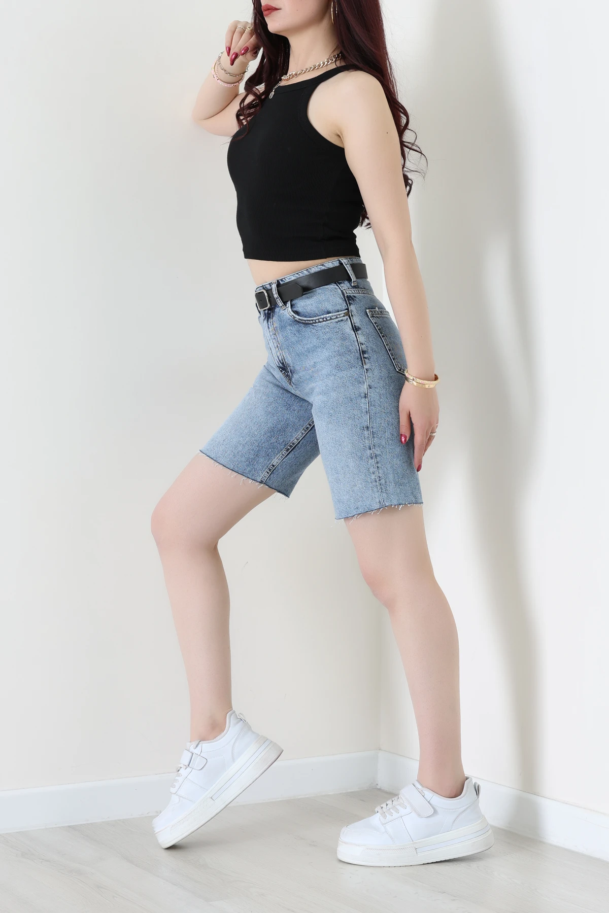 Kemerli Kot Şort Mavi - 2605801.1968.