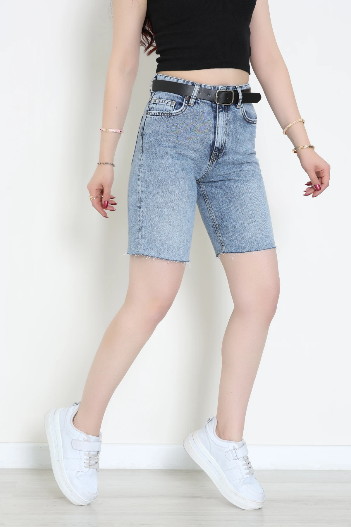 Kemerli Kot Şort Mavi - 2605801.1968.