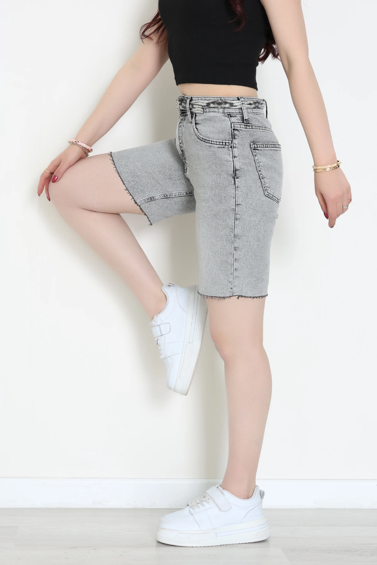 Kemerli Kot Şort Gri - 2610788.1968.