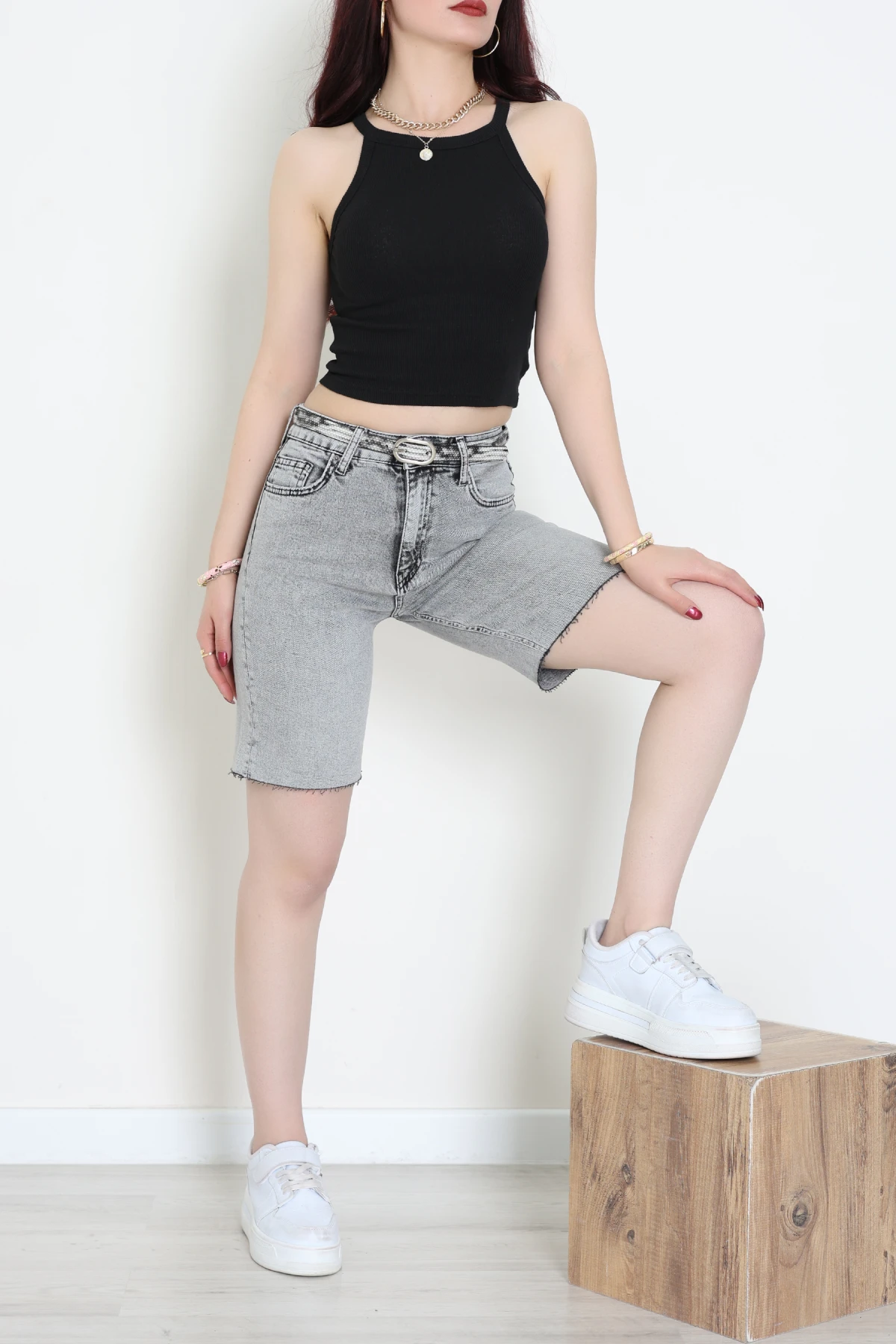 Kemerli Kot Şort Gri - 2610788.1968.